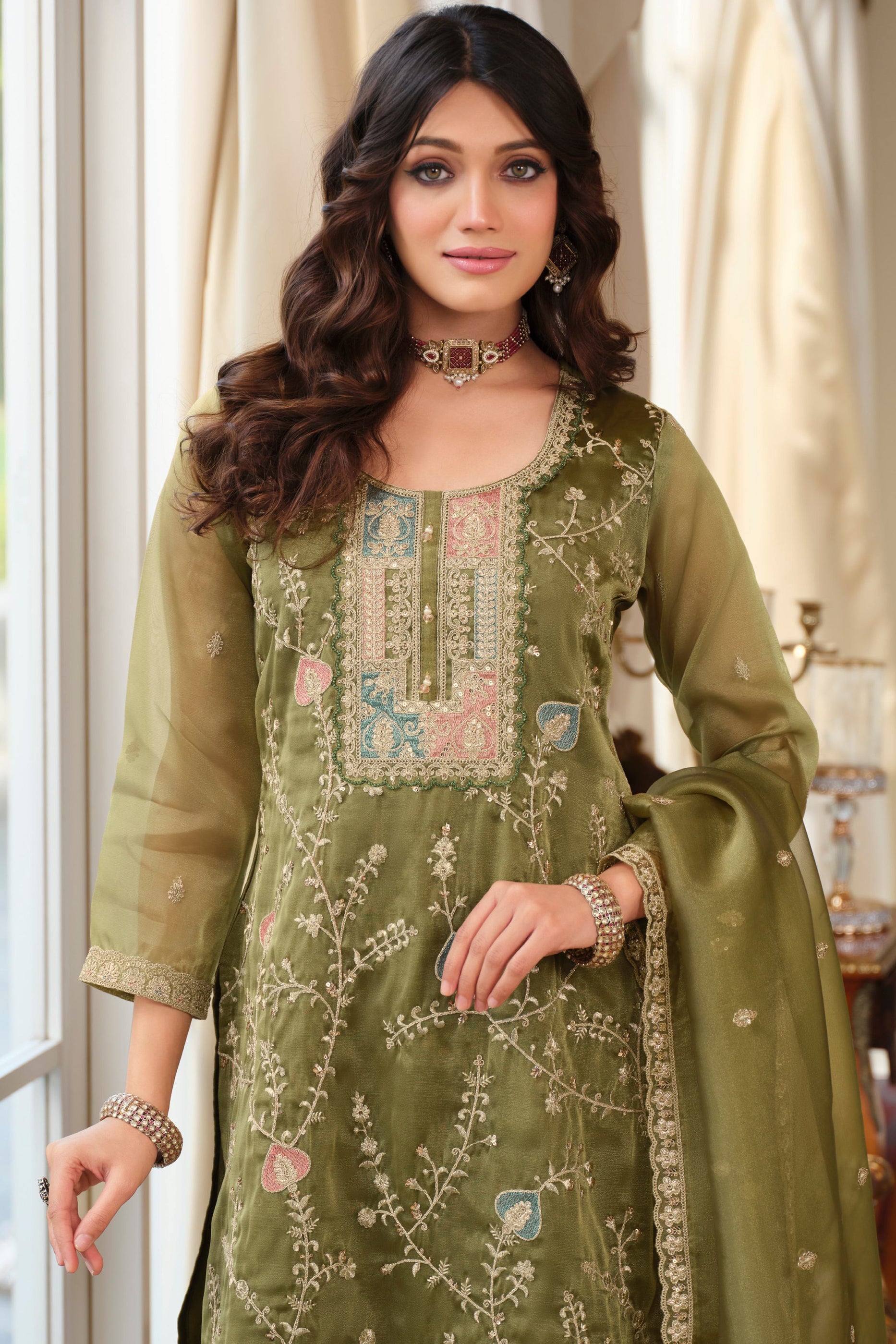 Green Readymade Embroidered Simar Silk Suit-SAR11989_3_SareeButa.com