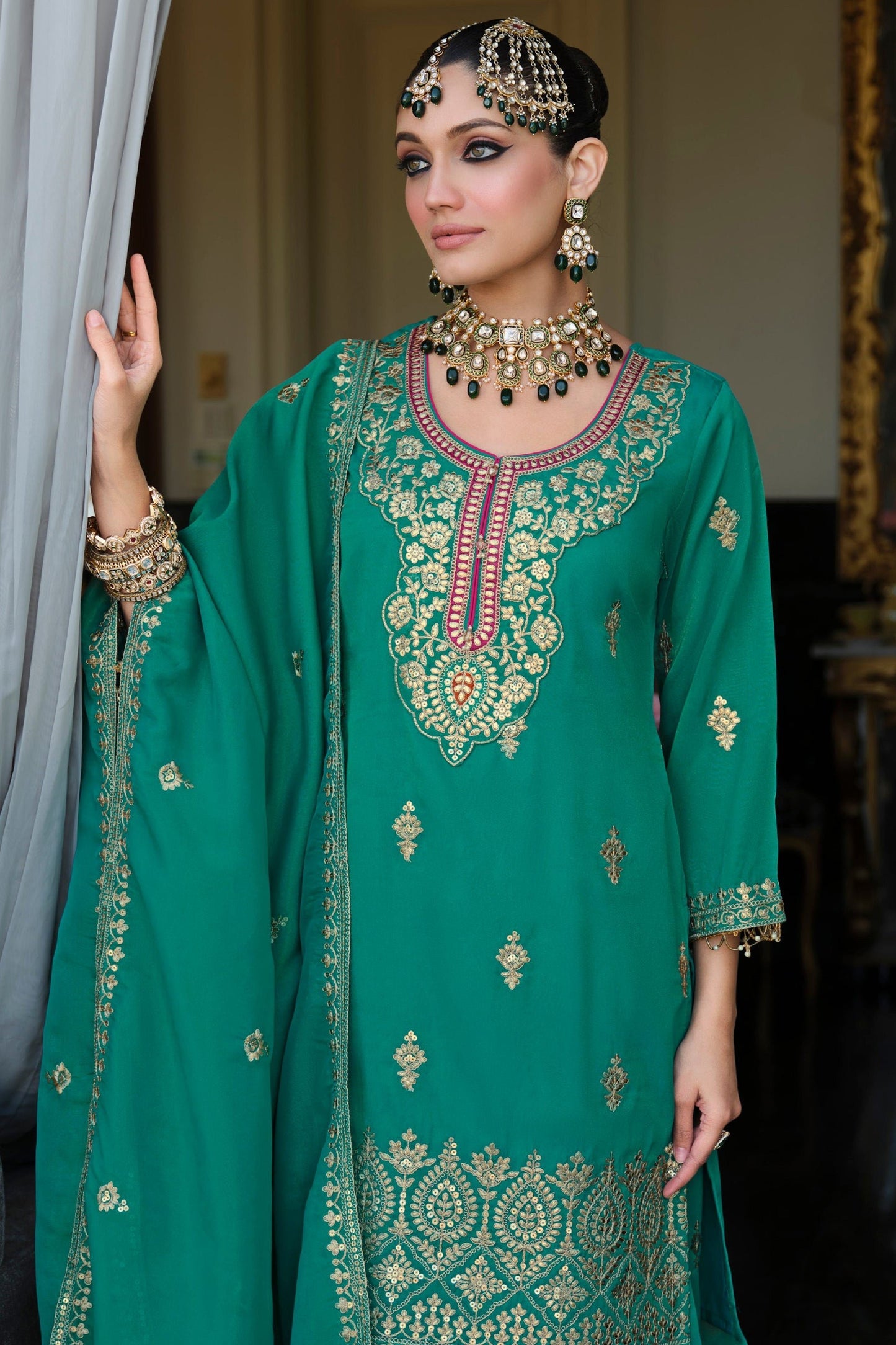 Green Readymade Embroidered Simar Silk Suit-SAR12128_3_SareeButa.com