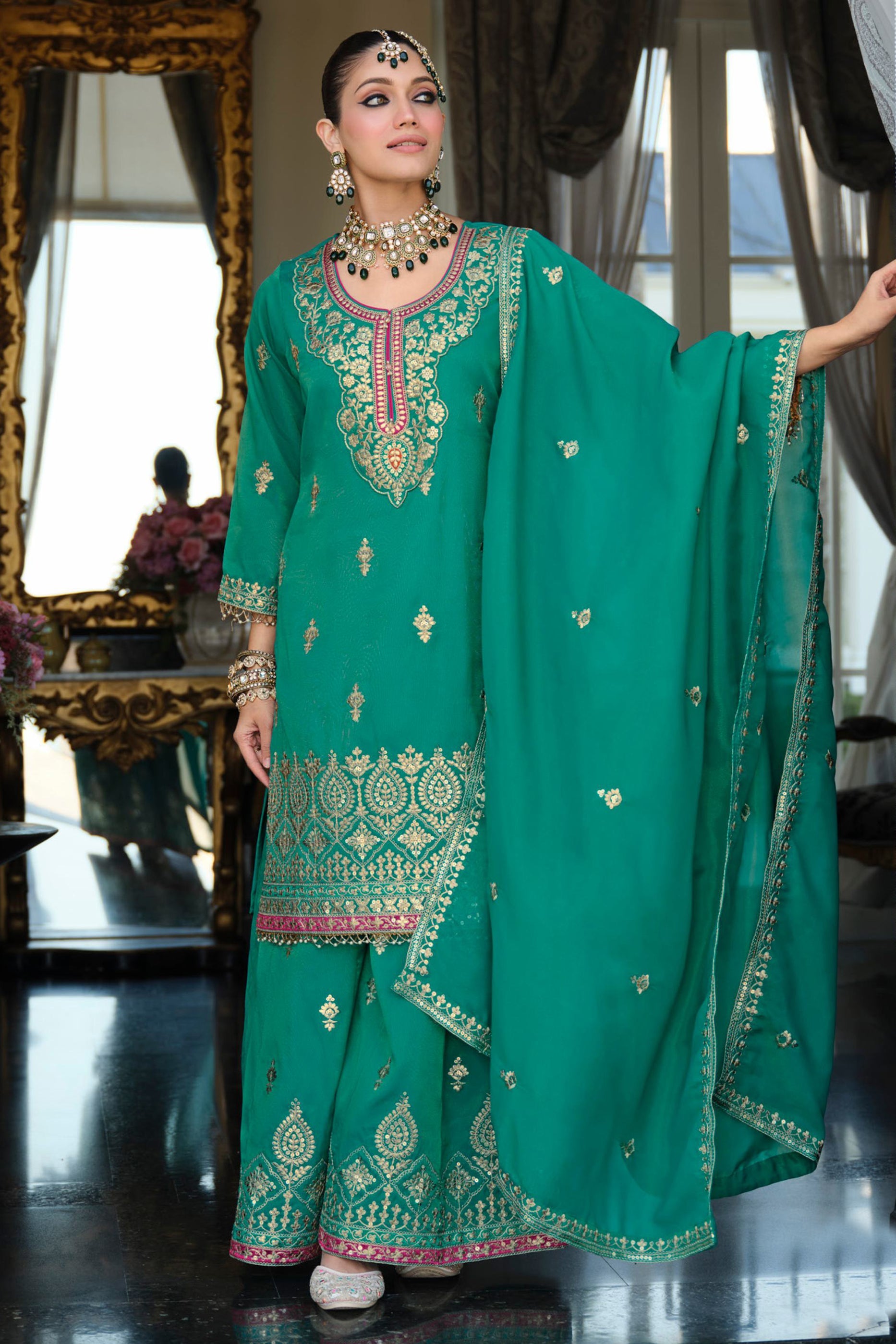 Green Readymade Embroidered Simar Silk Suit-SAR12128_4_SareeButa.com