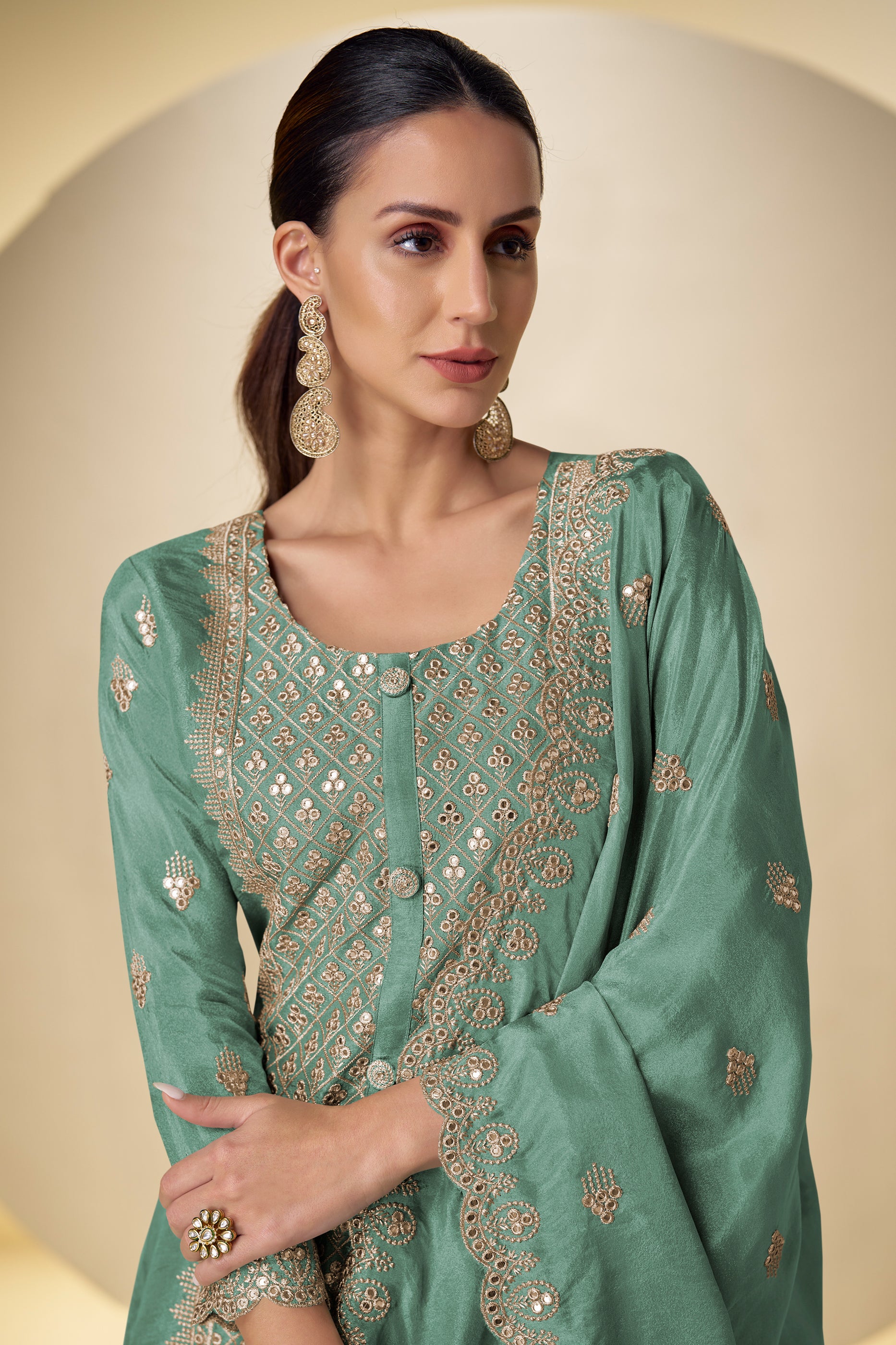 Green Readymade Embroidered Simar Silk Suit-SAR12230_2_SareeButa.com