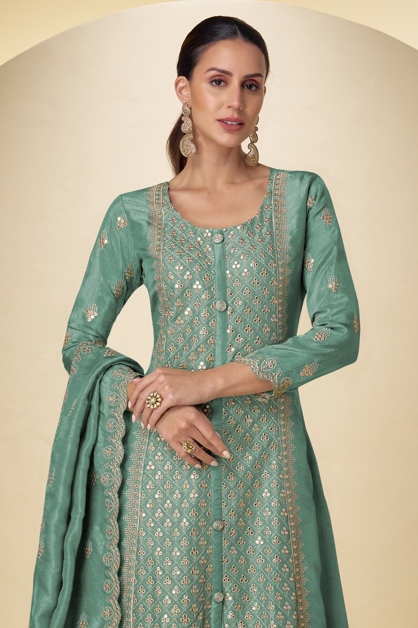 Green Readymade Embroidered Simar Silk Suit-SAR12230_3_SareeButa.com