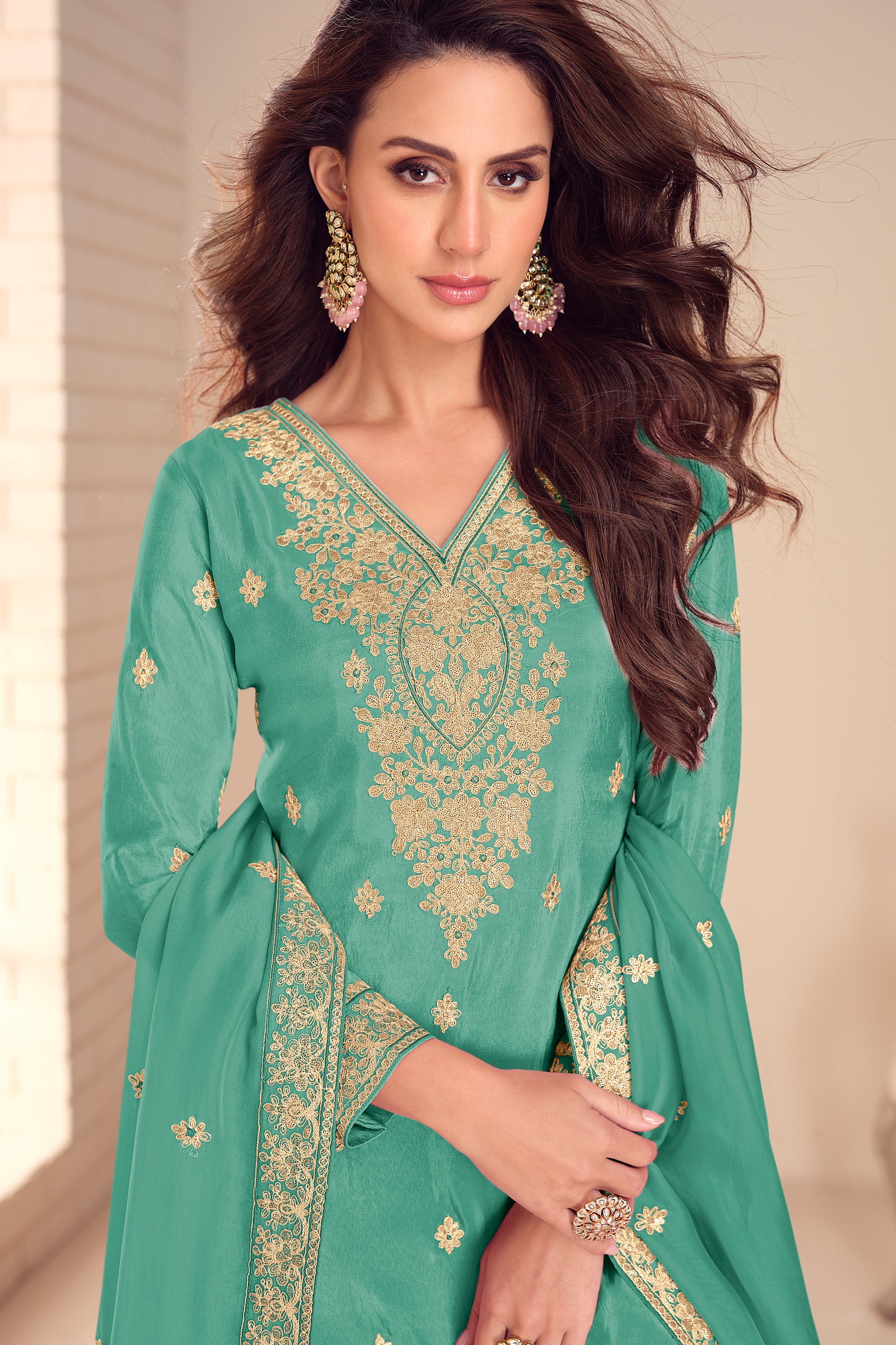 Green Readymade Embroidered Simar Silk Suit-SAR12238_2_SareeButa.com