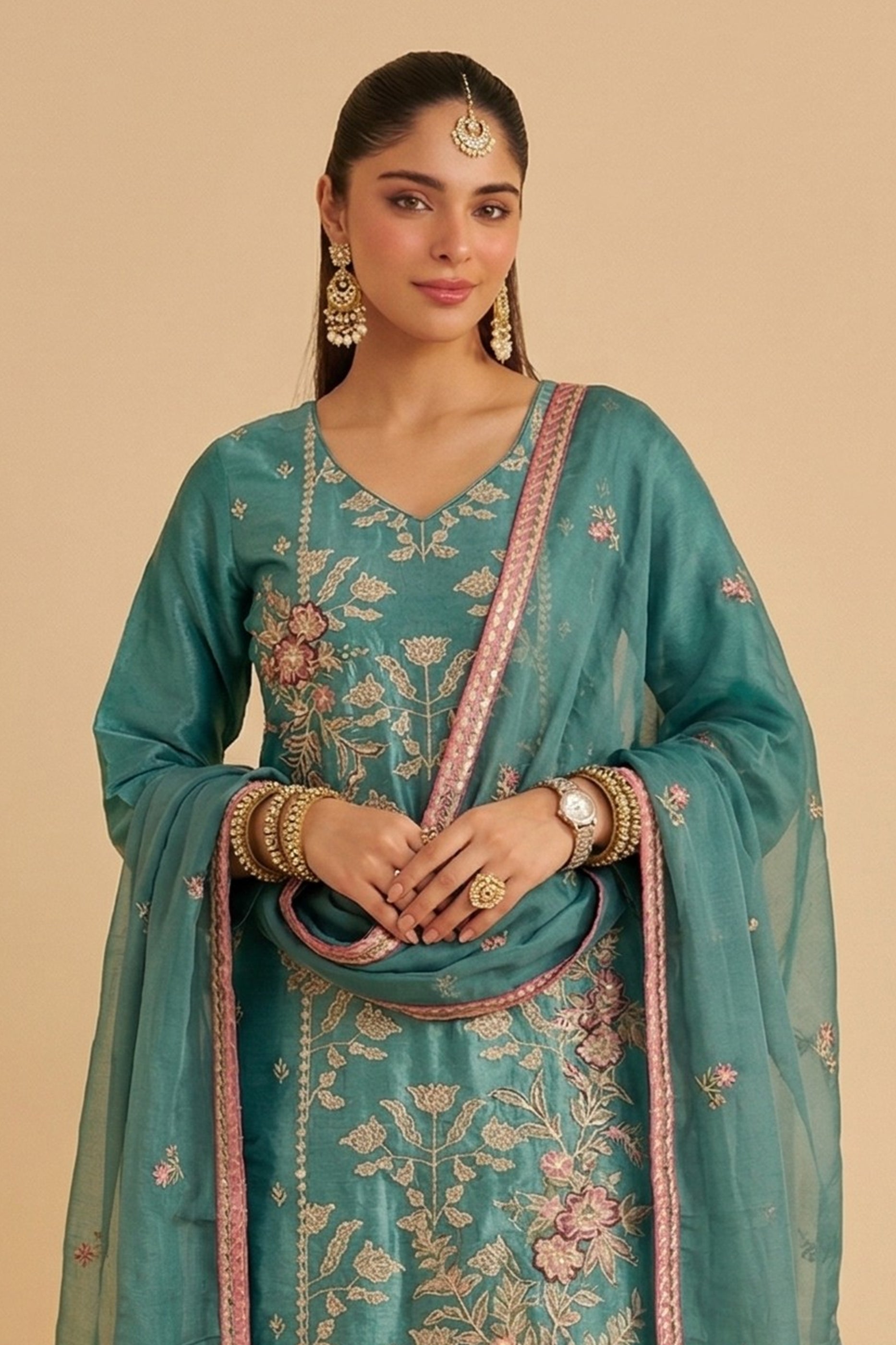 Green Readymade Embroidered Simar Silk Suit-SAR12758_3_SareeButa.com
