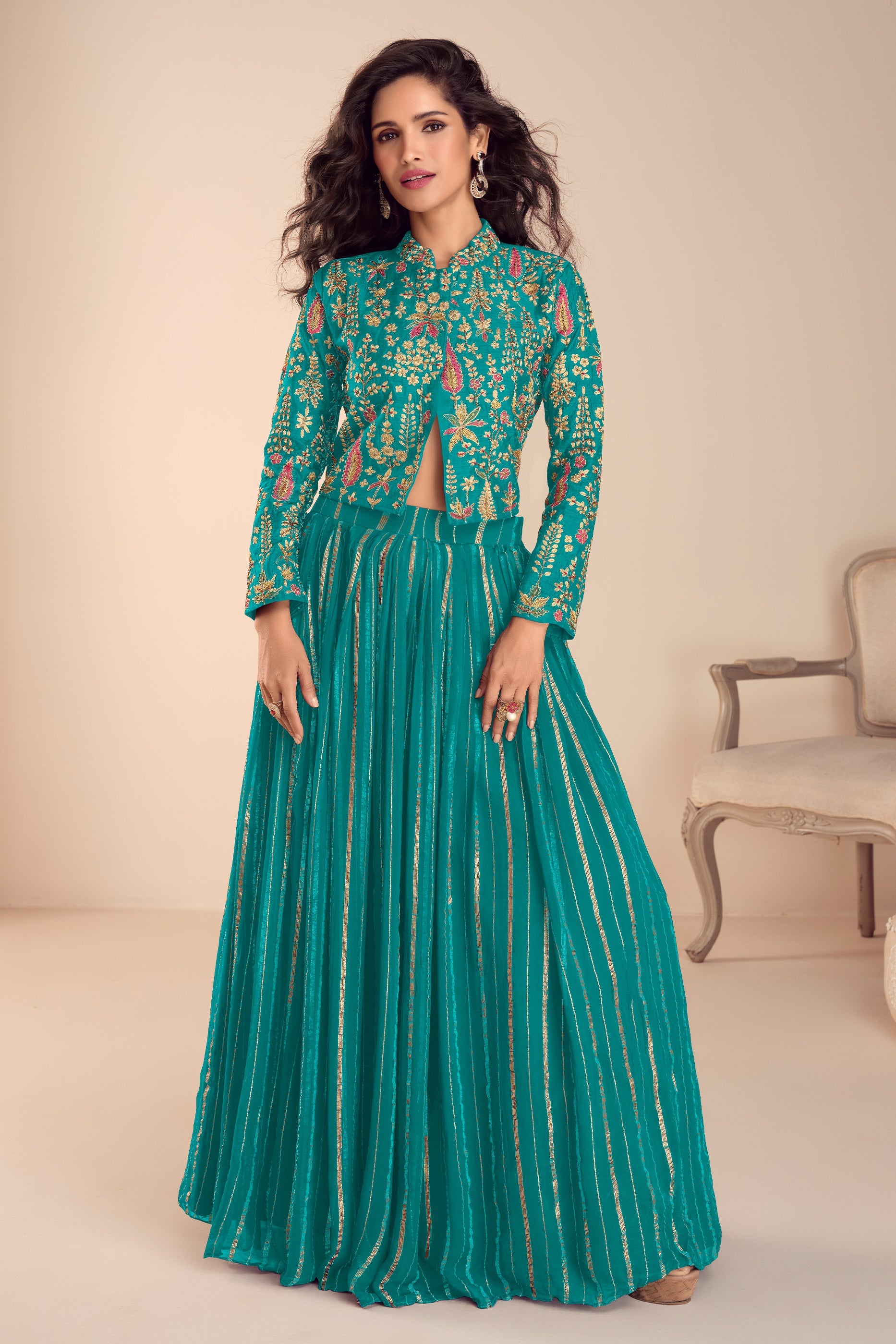 Green Readymade Embroidered Skirt Set-SAR11689_1_SareeButa.com