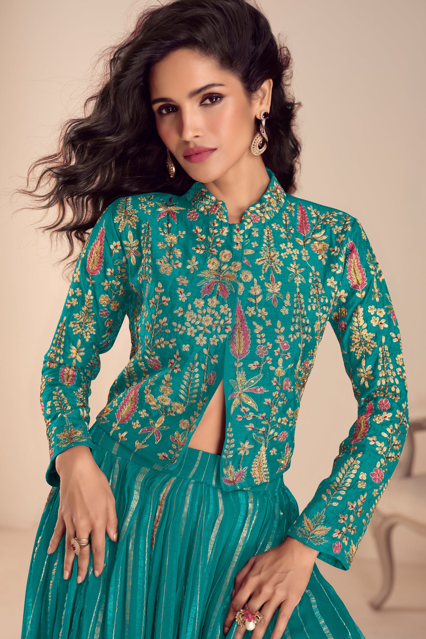 Green Readymade Embroidered Skirt Set-SAR11689_2_SareeButa.com