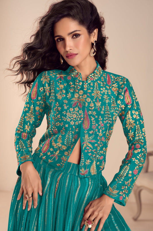 Green Readymade Embroidered Skirt Set-SAR11689_2_SareeButa.com