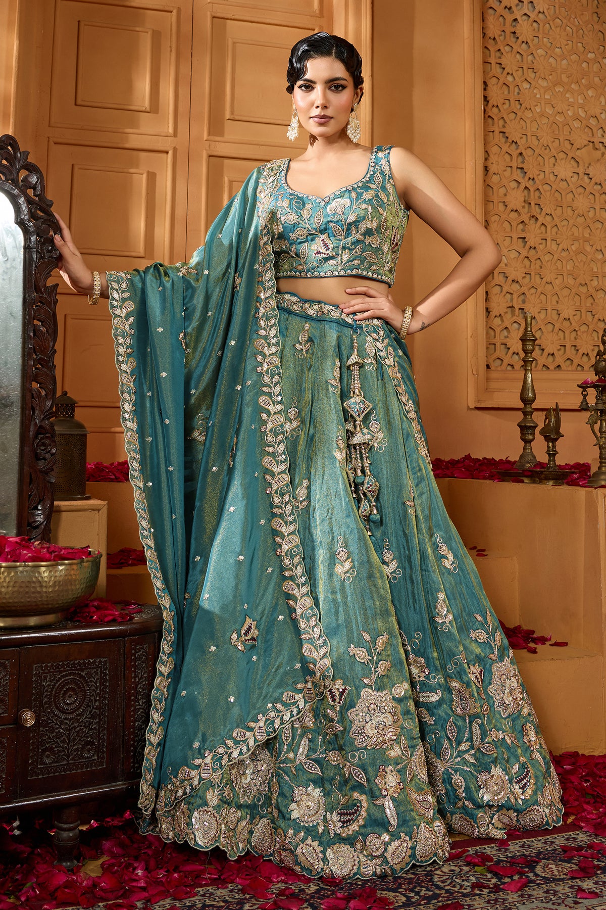 Green Readymade Embroidered Tissue Lehenga-SAR12866_1_SareeButa.com