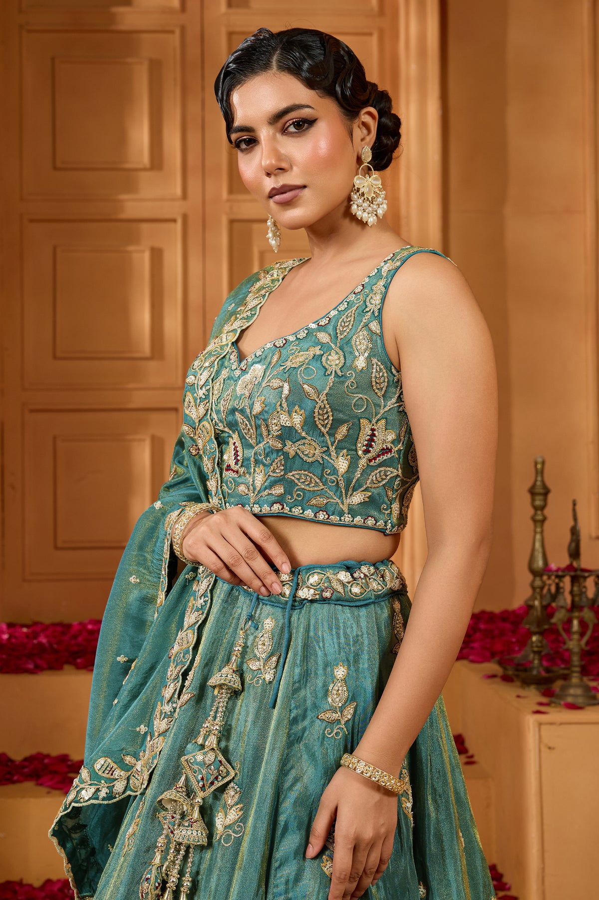 Green Readymade Embroidered Tissue Lehenga-SAR12866_3_SareeButa.com
