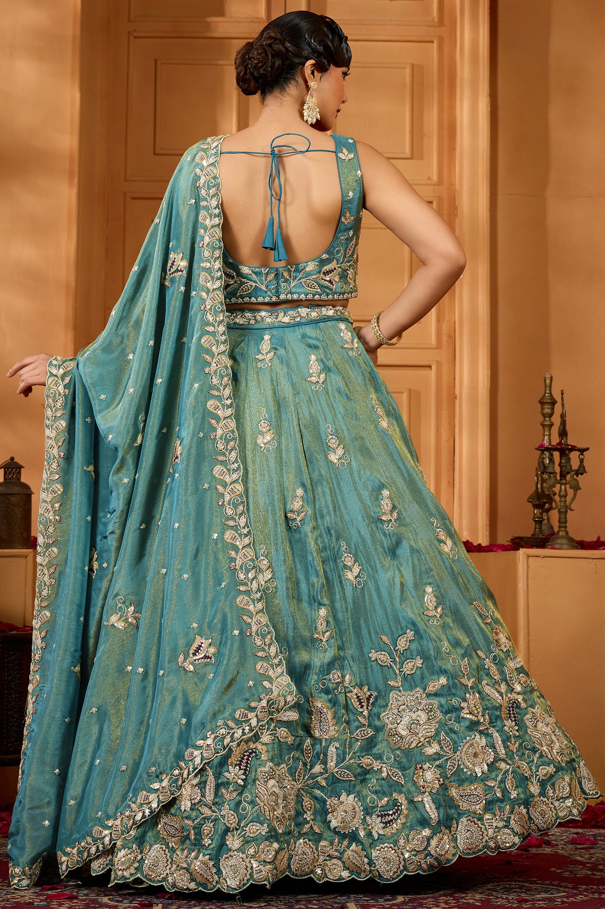 Green Readymade Embroidered Tissue Lehenga-SAR12866_4_SareeButa.com