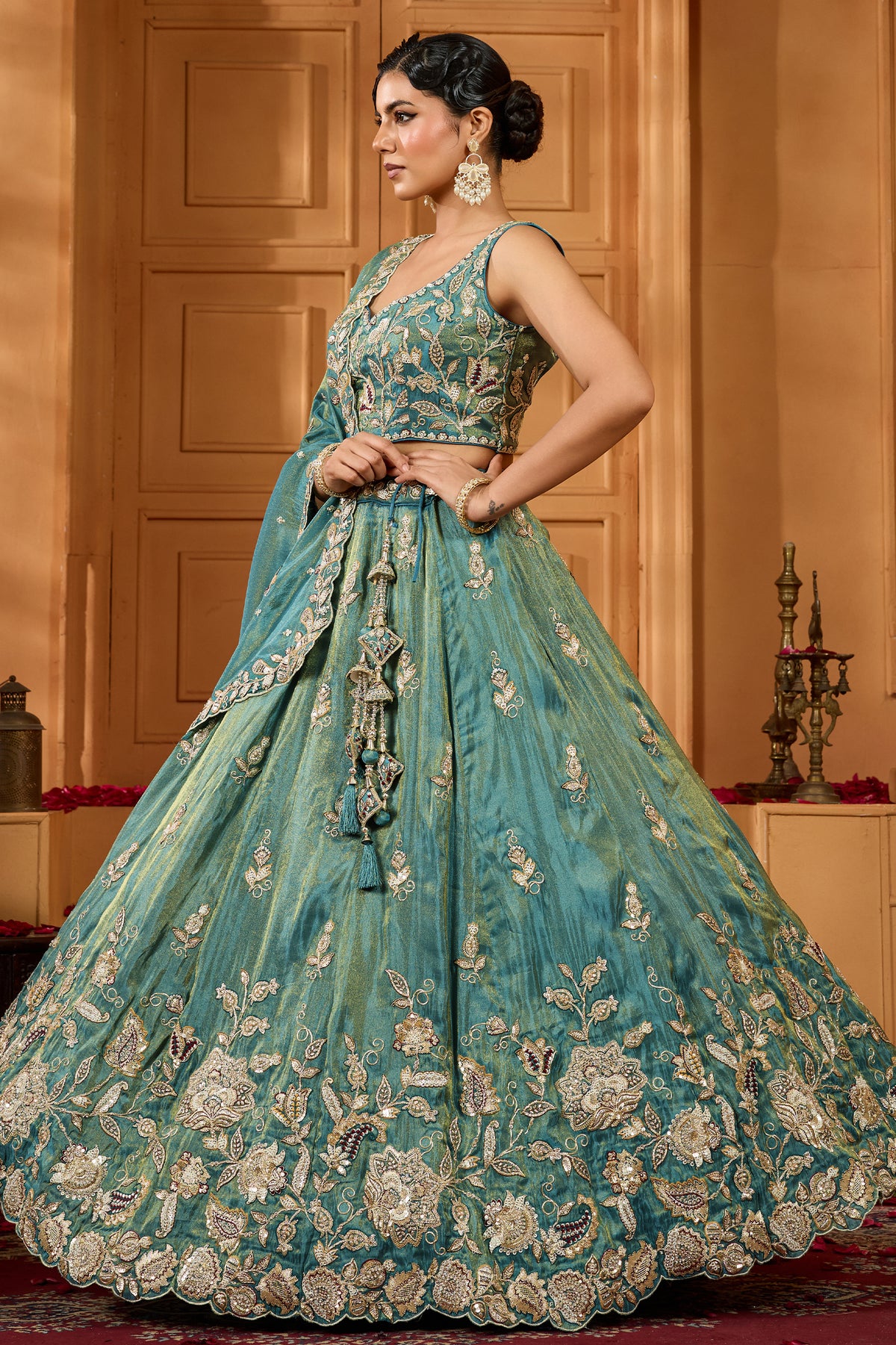 Green Readymade Embroidered Tissue Lehenga-SAR12866_6_SareeButa.com