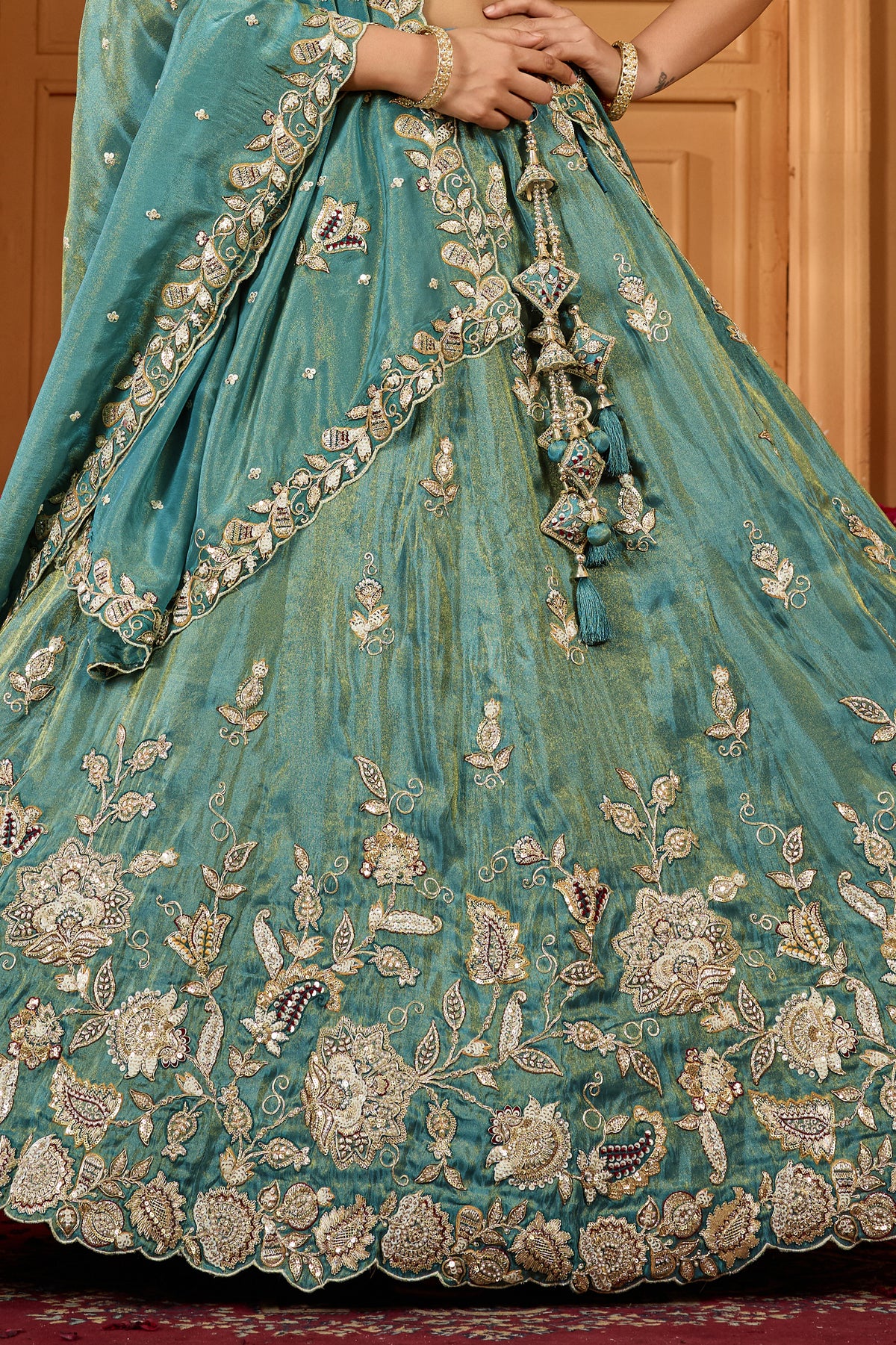 Green Readymade Embroidered Tissue Lehenga-SAR12866_7_SareeButa.com