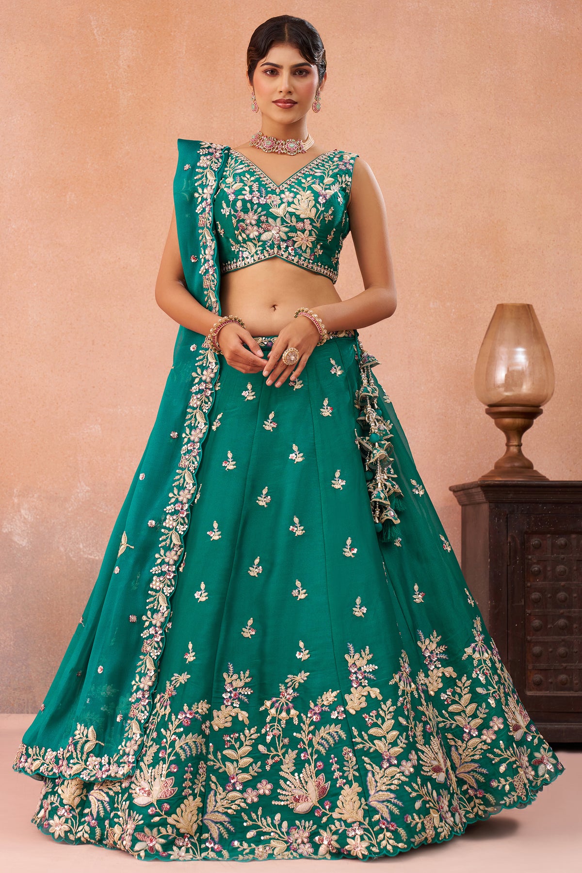 Green Readymade Embroidered Tissue Lehenga-SAR12898_1_SareeButa.com