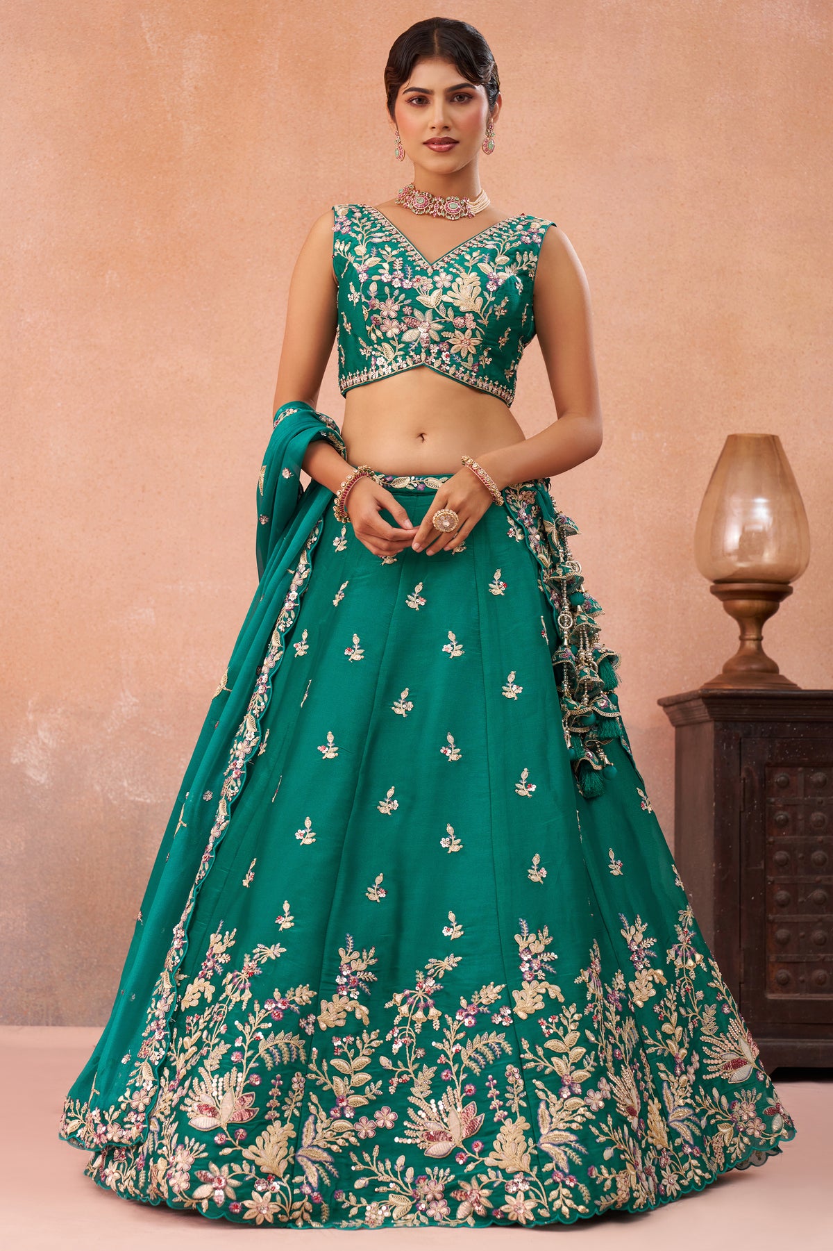 Green Readymade Embroidered Tissue Lehenga-SAR12898_3_SareeButa.com