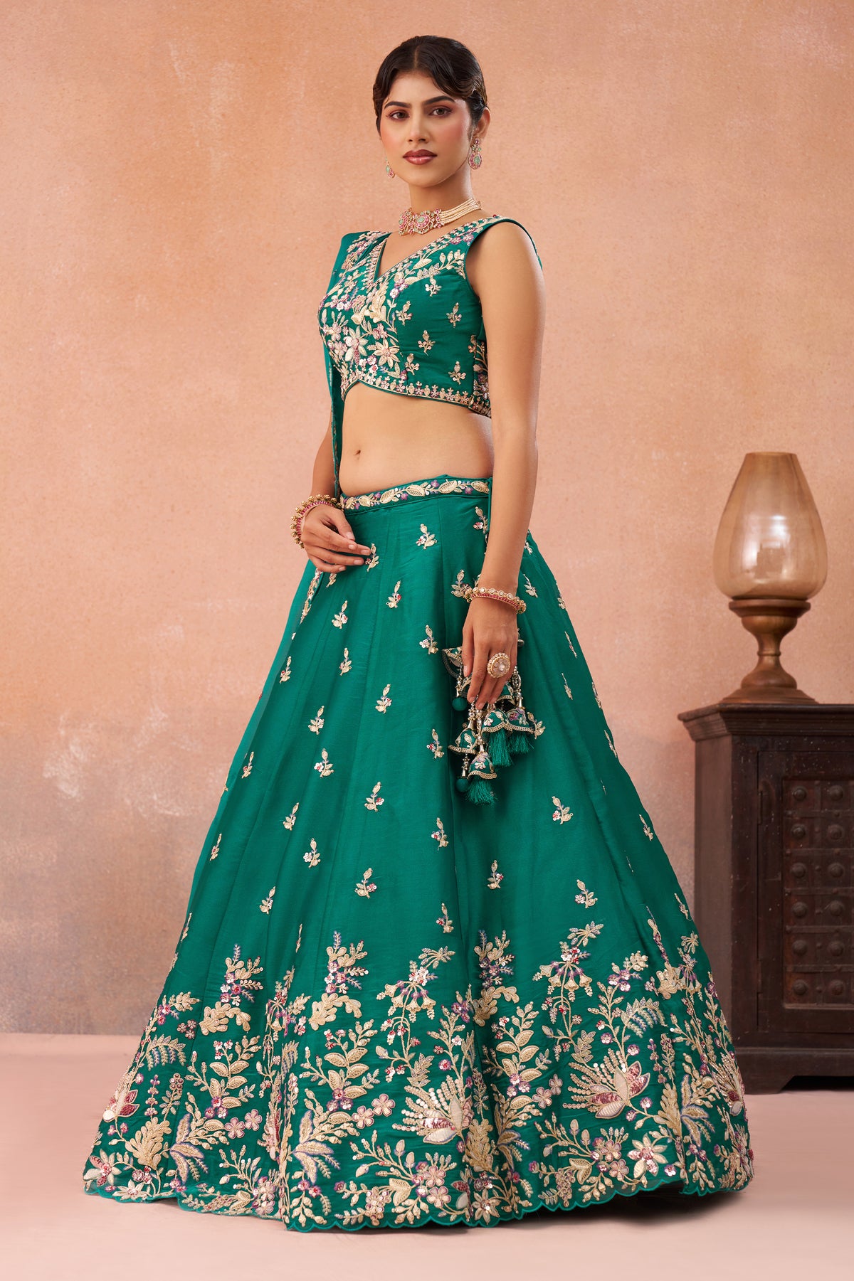 Green Readymade Embroidered Tissue Lehenga-SAR12898_4_SareeButa.com