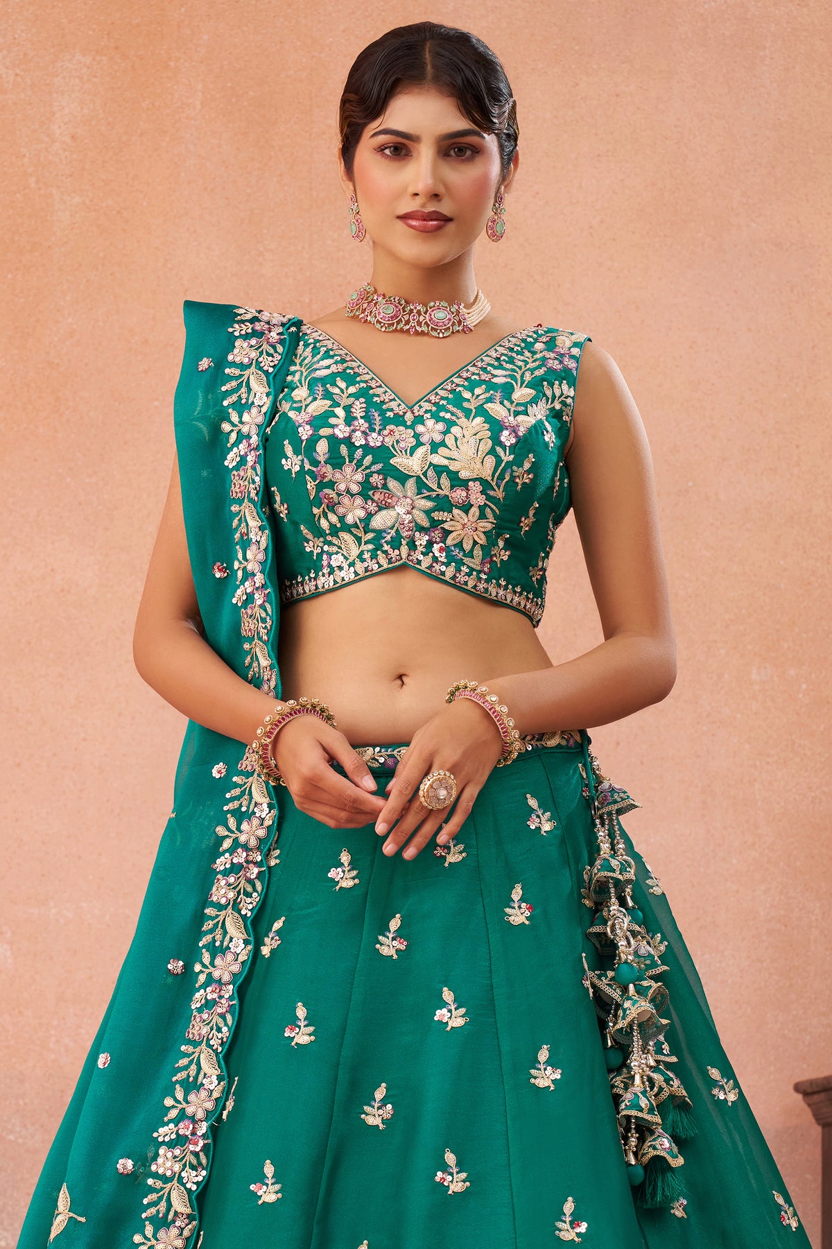 Green Readymade Embroidered Tissue Lehenga-SAR12898_6_SareeButa.com