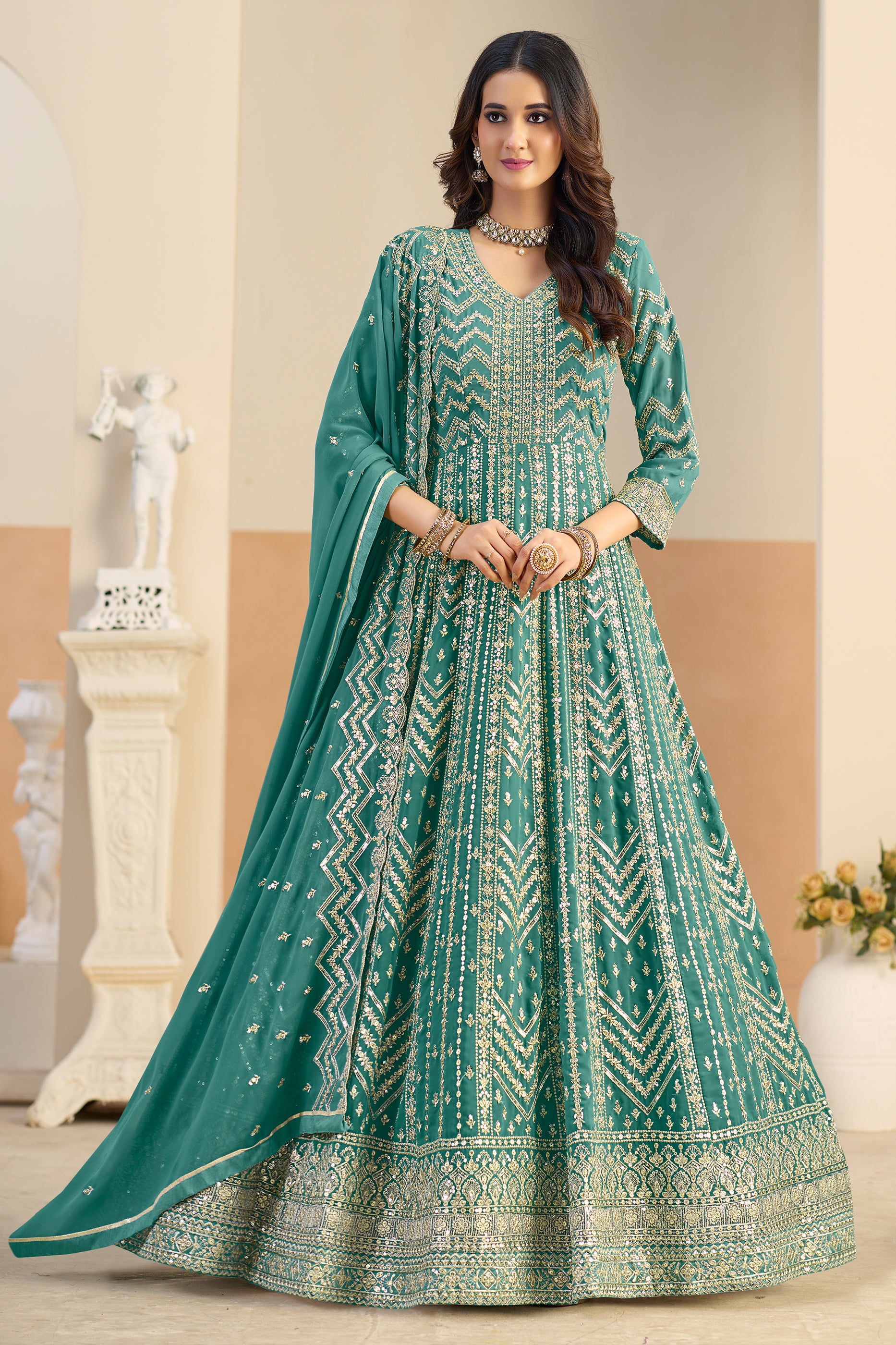Green Readymade Georgette Gown With Dupatta-SAR12490_1_SareeButa.com