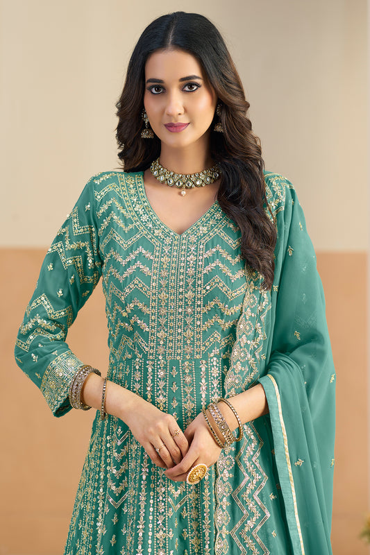 Green Readymade Georgette Gown With Dupatta-SAR12490_2_SareeButa.com