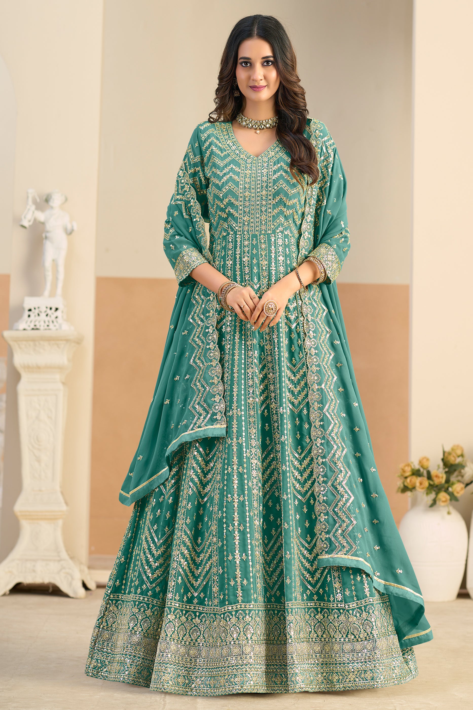 Green Readymade Georgette Gown With Dupatta-SAR12490_3_SareeButa.com