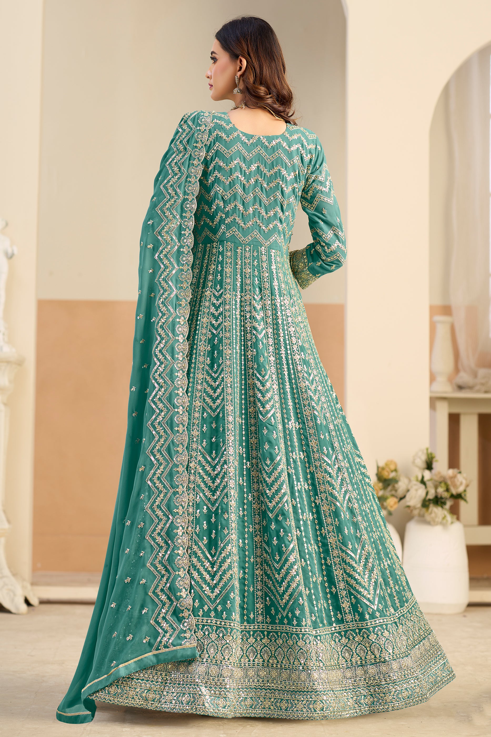 Green Readymade Georgette Gown With Dupatta-SAR12490_4_SareeButa.com