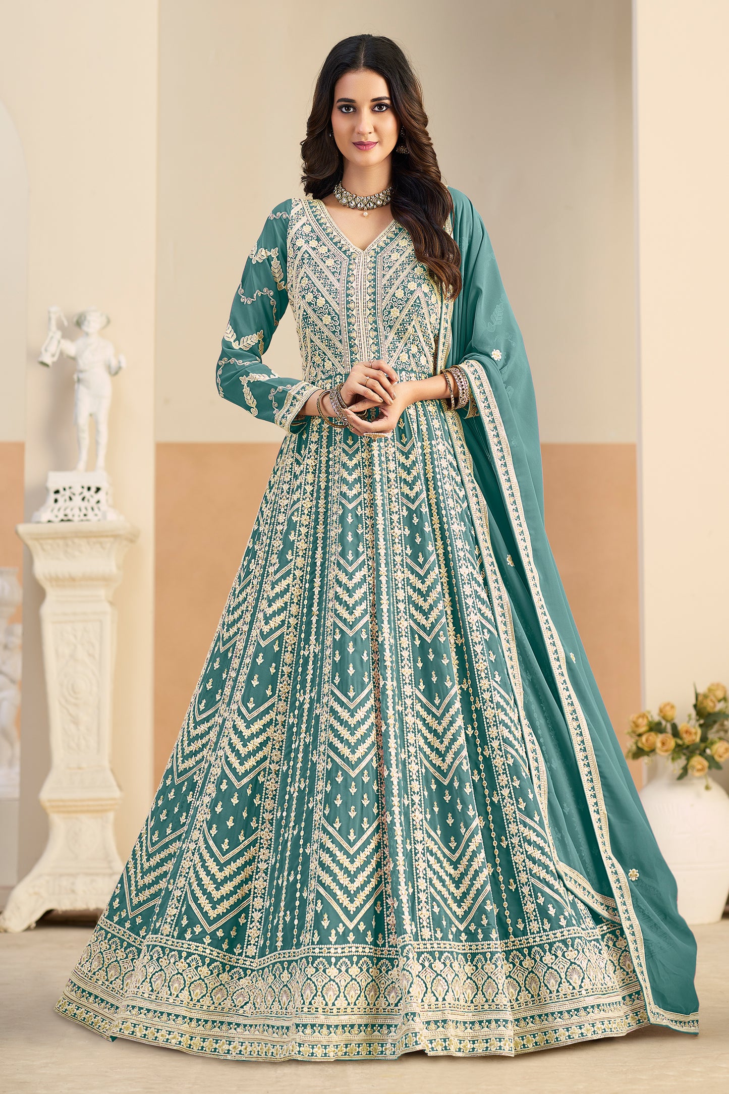 Green Readymade Georgette Gown With Dupatta-SAR12494_1_SareeButa.com