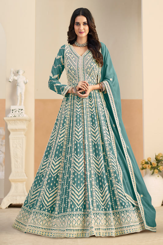 Green Readymade Georgette Gown With Dupatta-SAR12494_1_SareeButa.com