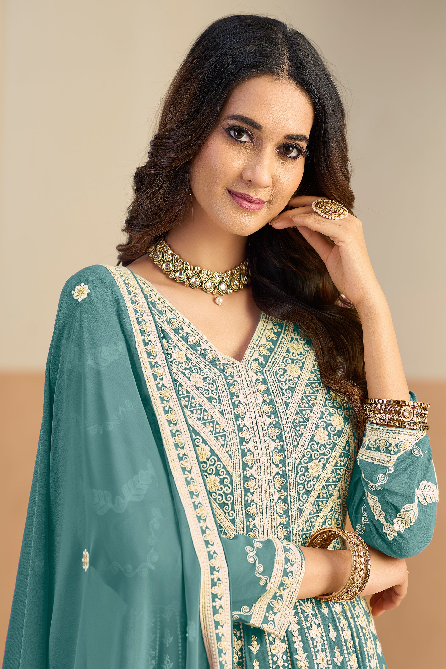 Green Readymade Georgette Gown With Dupatta-SAR12494_2_SareeButa.com