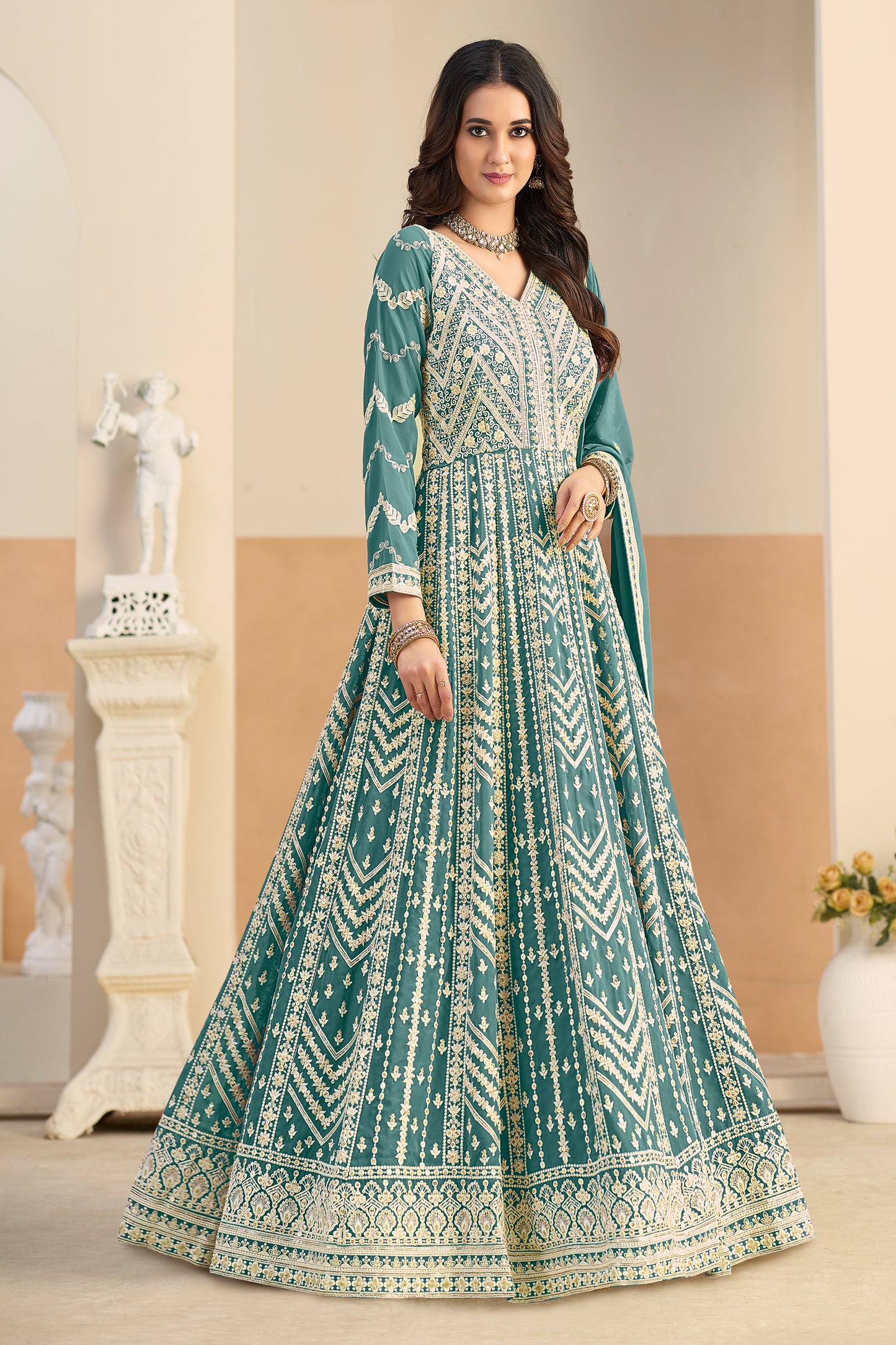 Green Readymade Georgette Gown With Dupatta-SAR12494_3_SareeButa.com