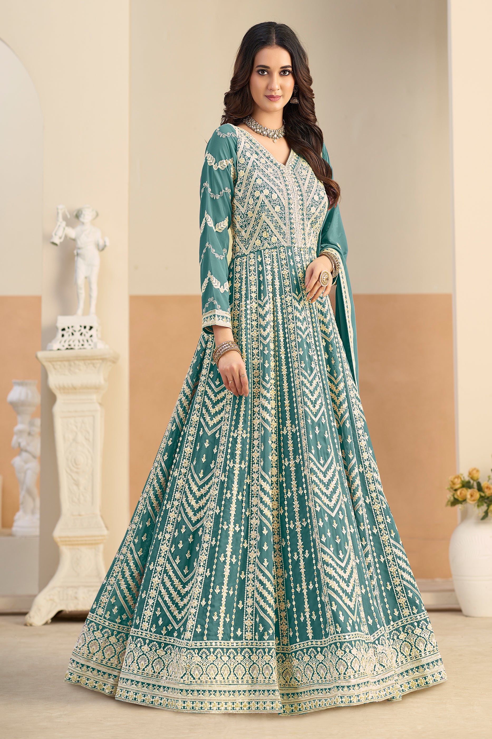 Green Readymade Georgette Gown With Dupatta-SAR12494_3_SareeButa.com