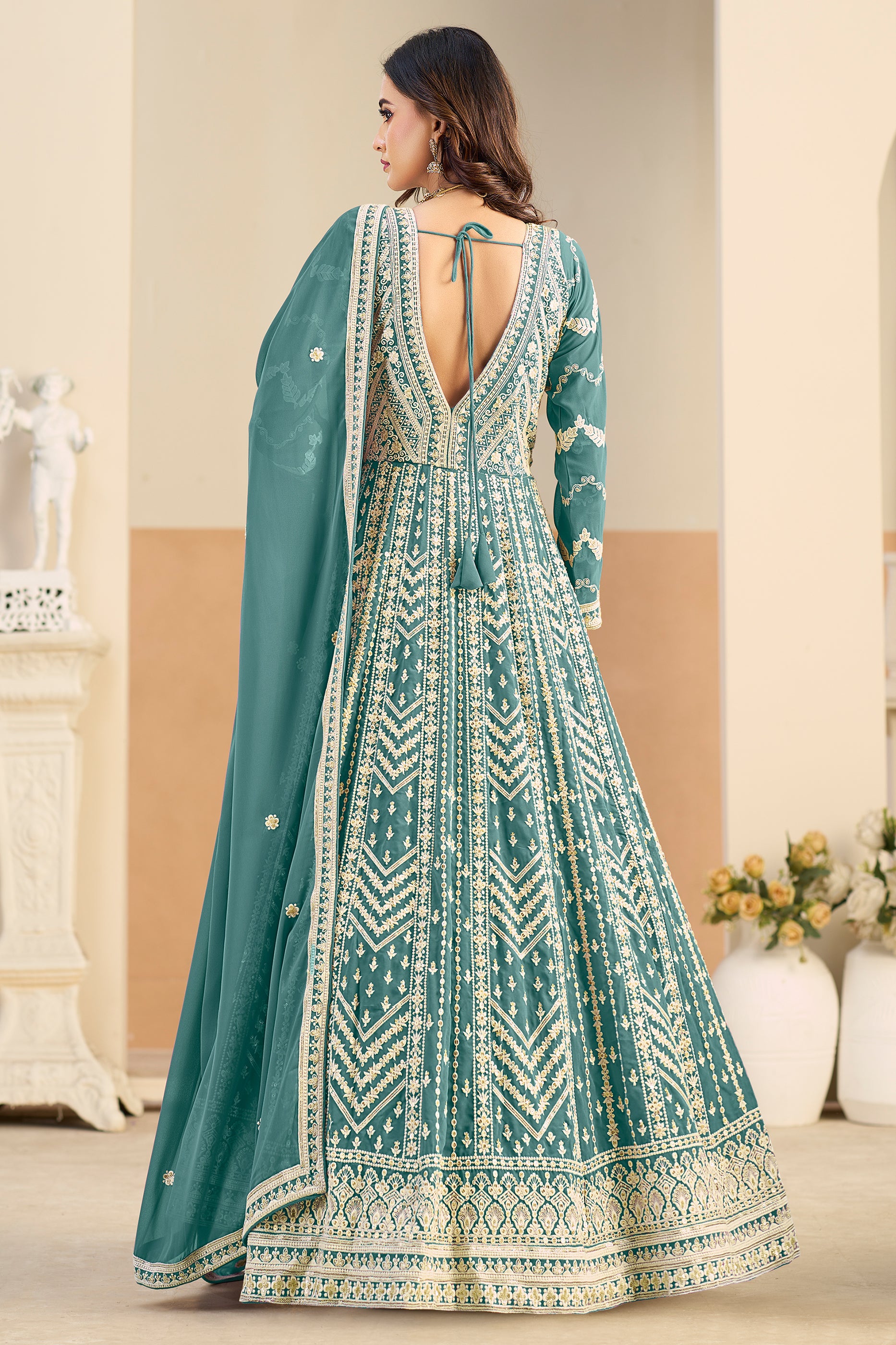 Green Readymade Georgette Gown With Dupatta-SAR12494_4_SareeButa.com