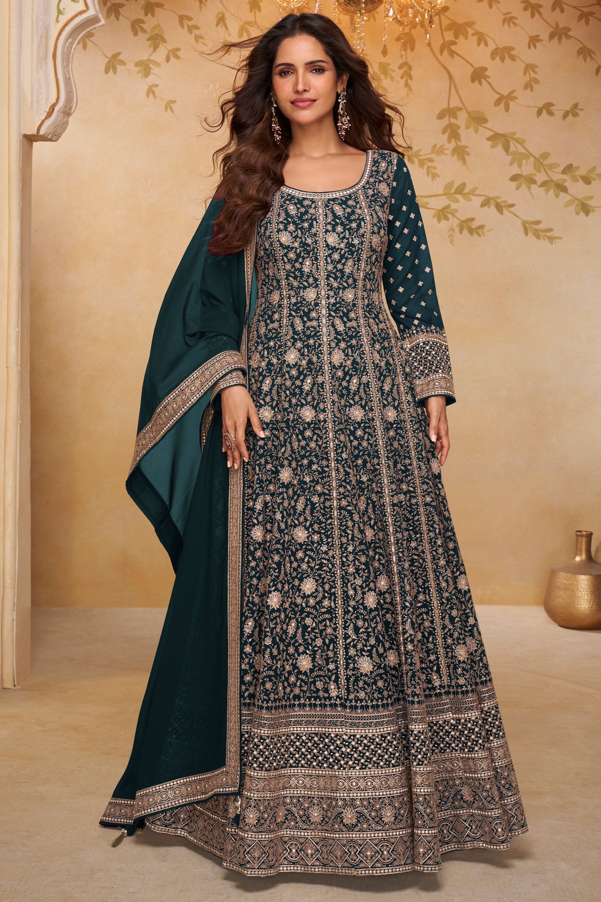 Green Readymade Georgette Gown with Dupatta-SAR13328_1_SareeButa.com