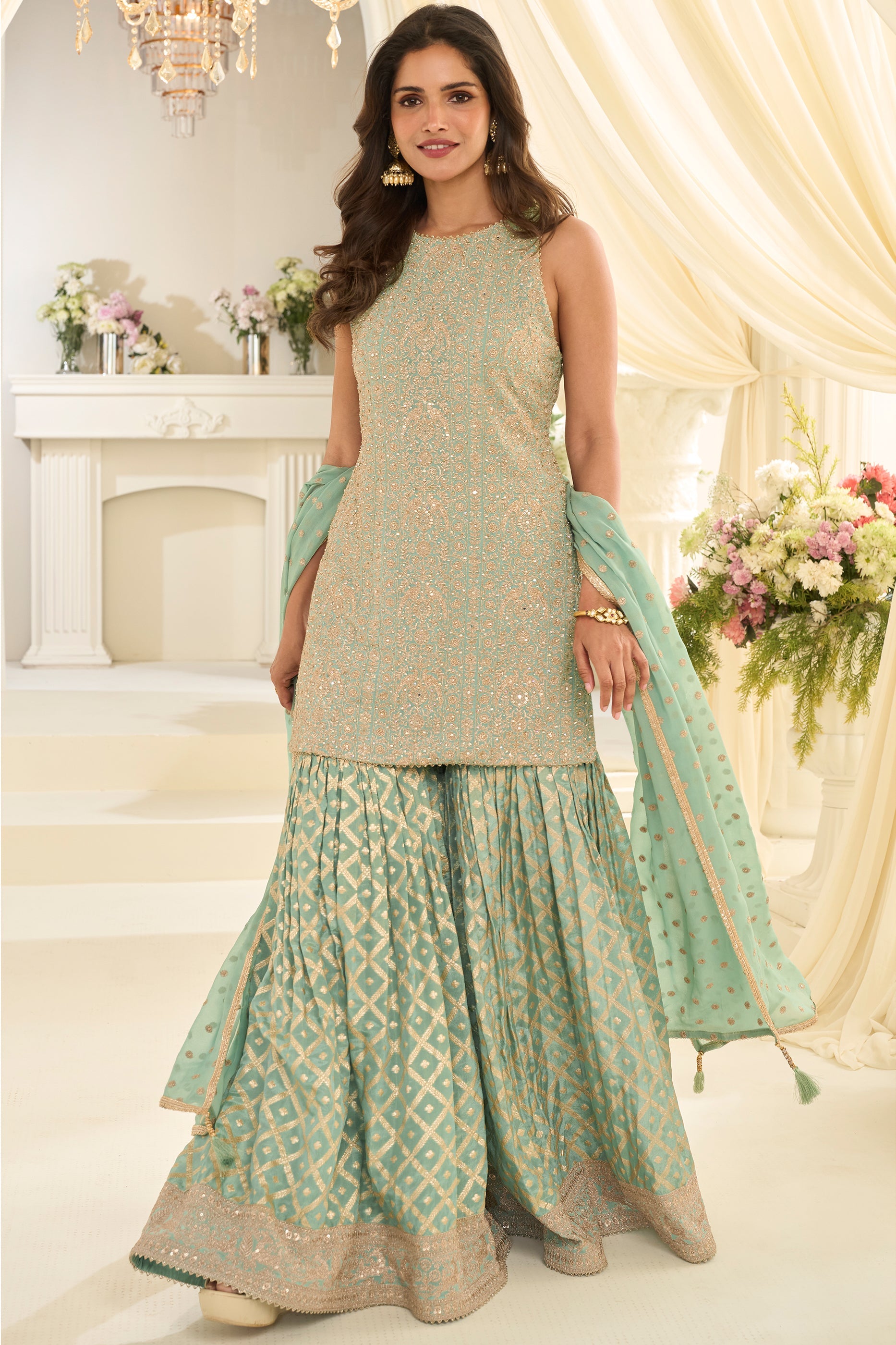 Green Readymade Georgette Sharara Suit-SAR12117_1_SareeButa.com