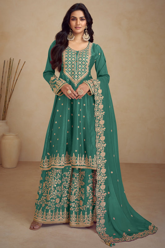 Green Readymade Heavy Work Chinon A-line Suit-SS524_1_SareeButa.com
