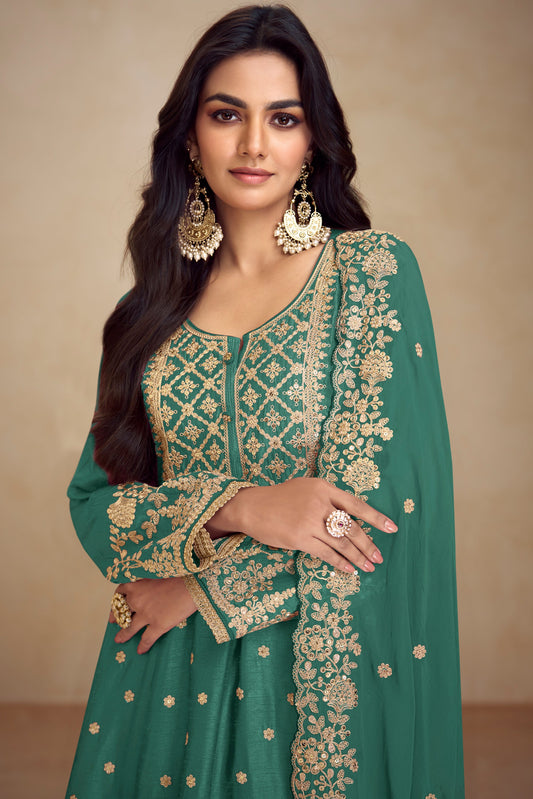 Green Readymade Heavy Work Chinon A-line Suit-SS524_2_SareeButa.com