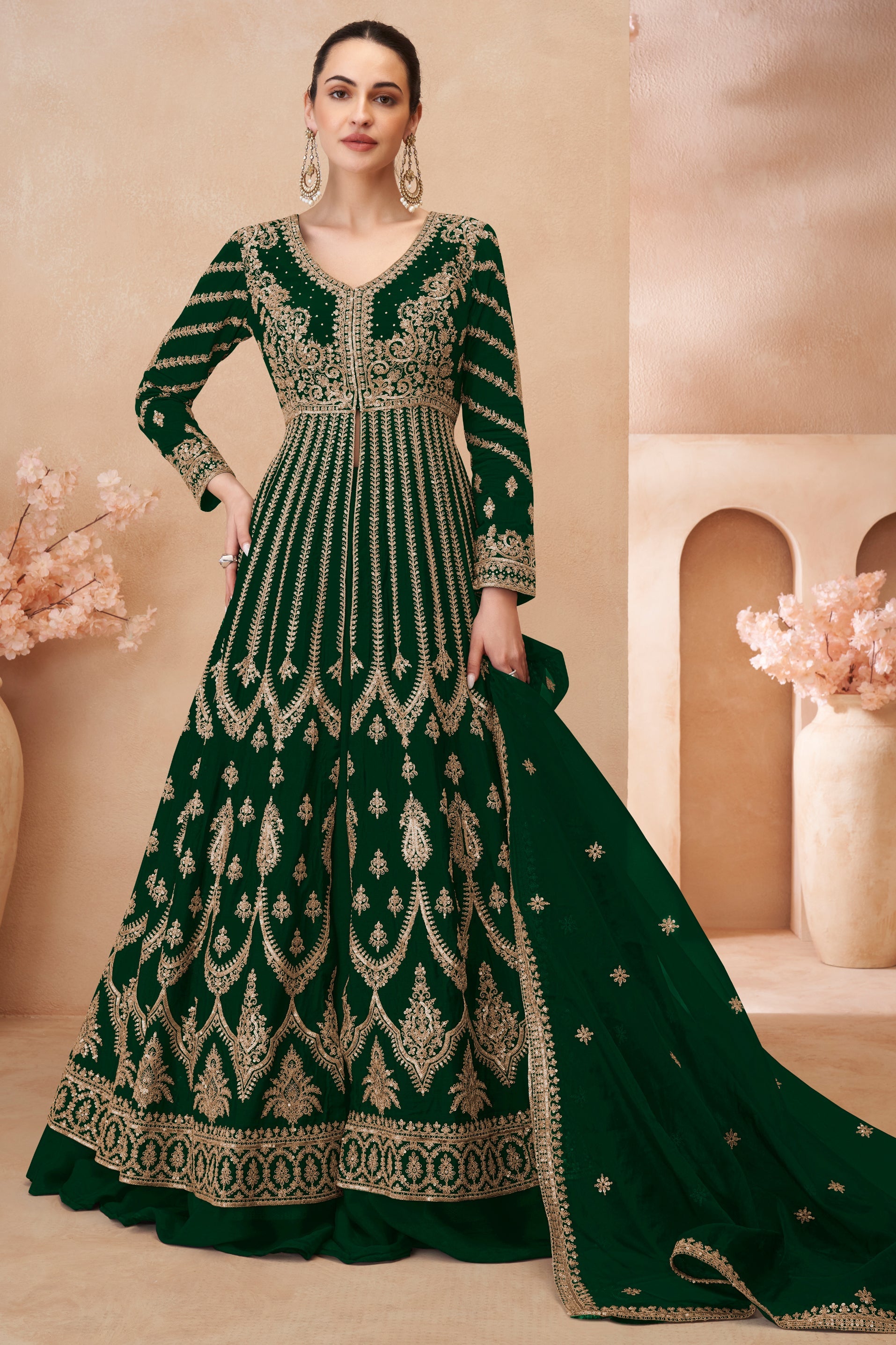 Green Readymade Heavy Work Chinon Skirt Suit-SS618_1_SareeButa.com