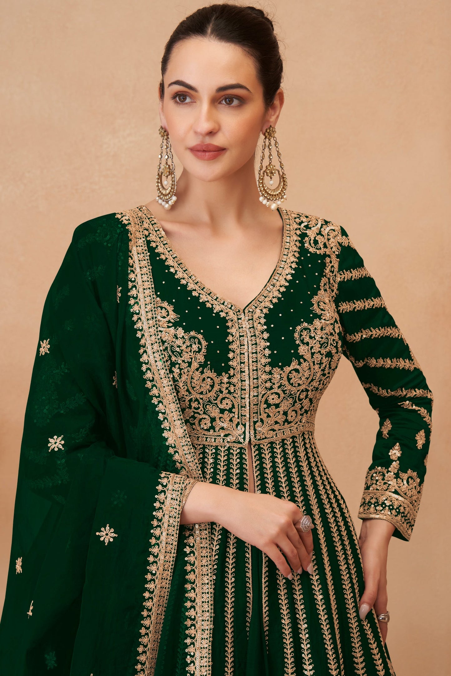 Green Readymade Heavy Work Chinon Skirt Suit-SS618_2_SareeButa.com