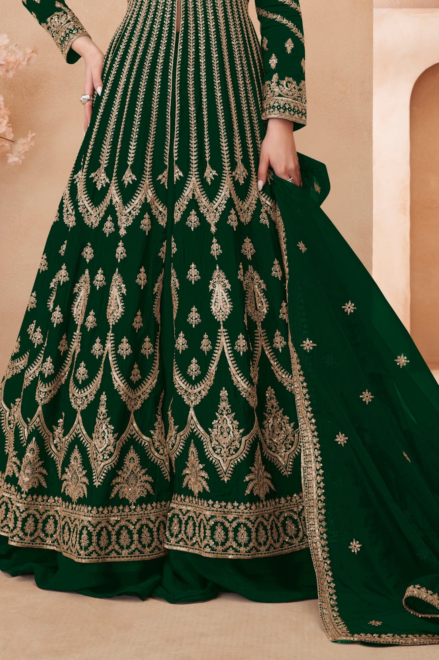 Green Readymade Heavy Work Chinon Skirt Suit-SS618_4_SareeButa.com