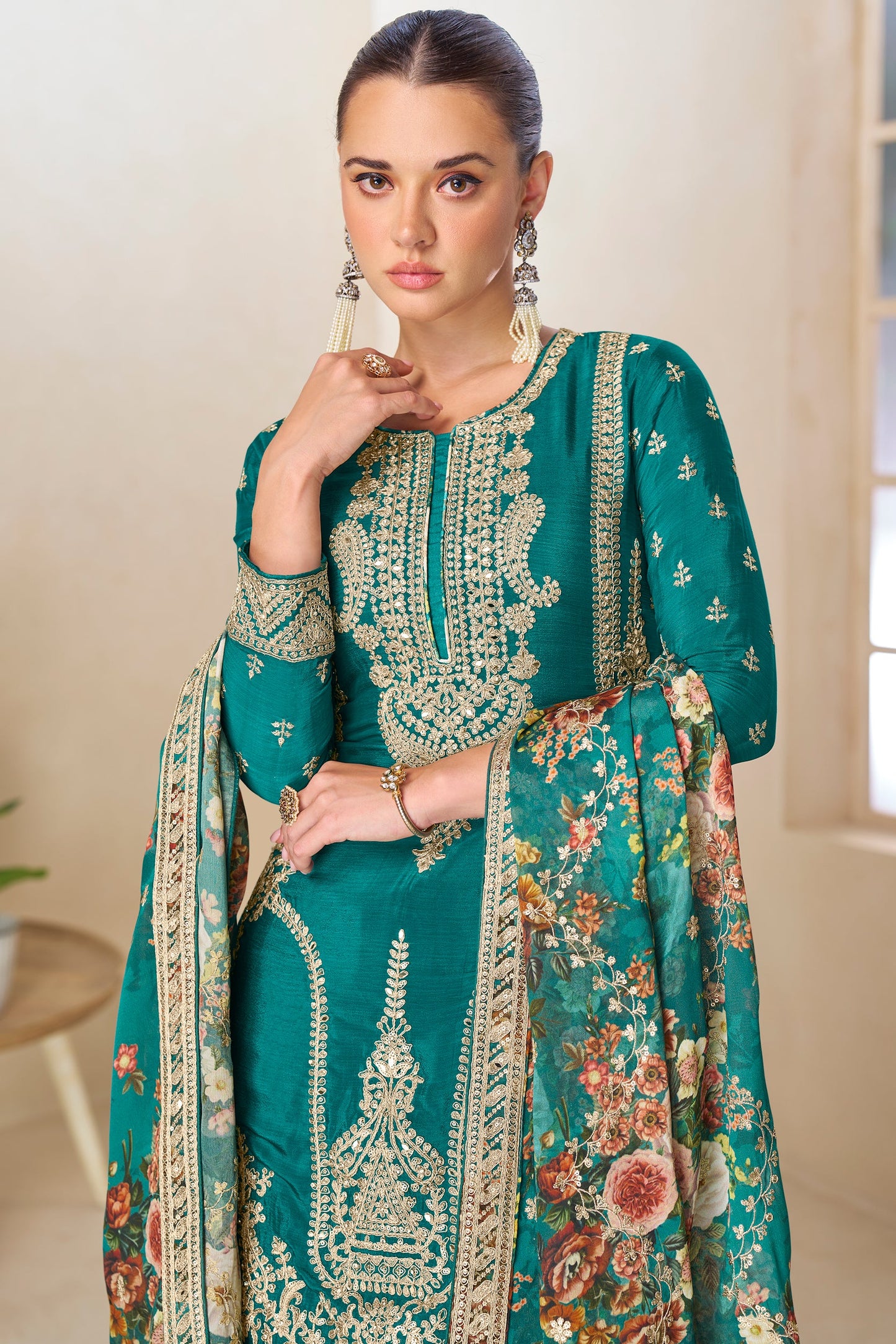 Green Readymade Heavy Work Chinon Suit-SS756_2_SareeButa.com