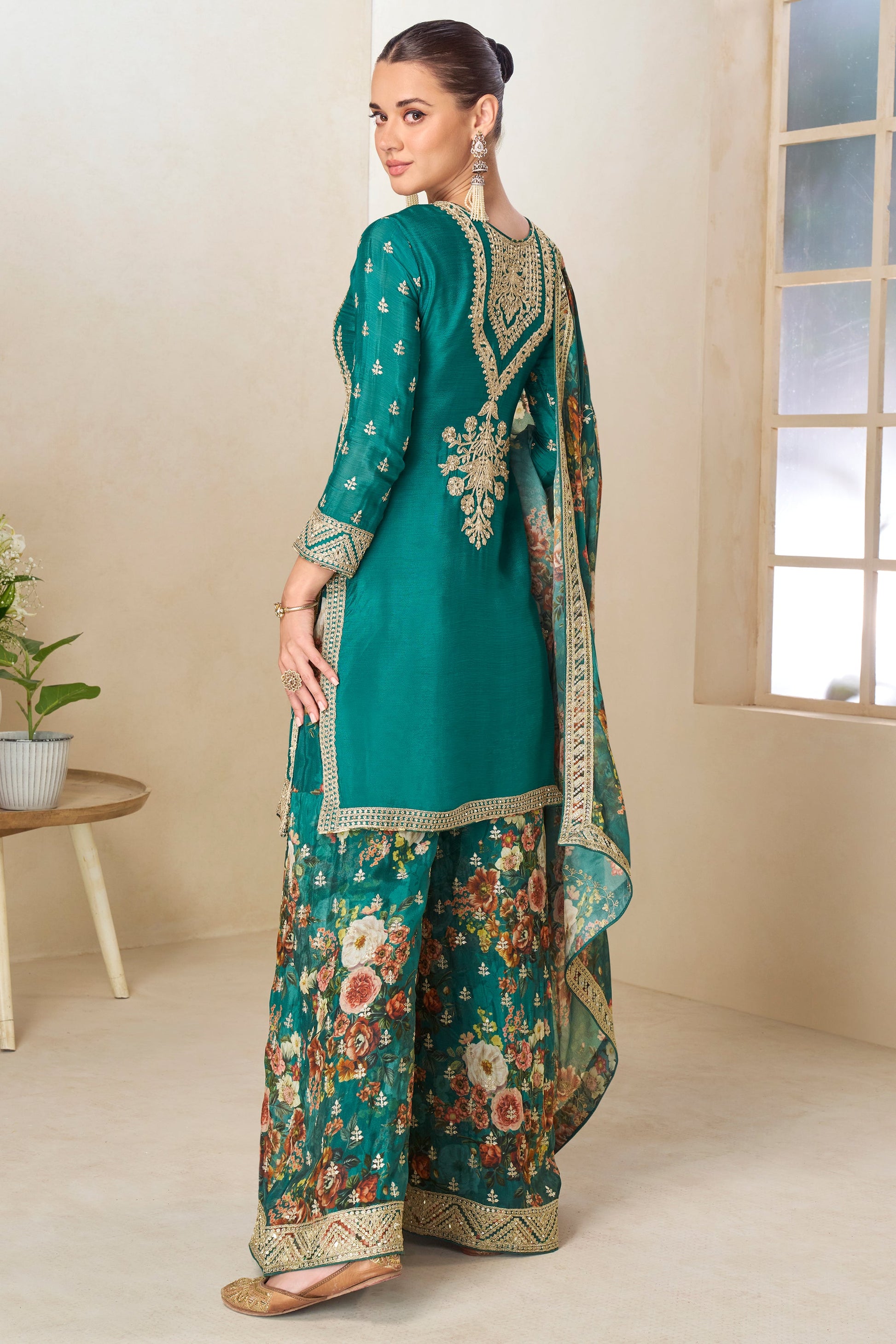 Green Readymade Heavy Work Chinon Suit-SS756_3_SareeButa.com