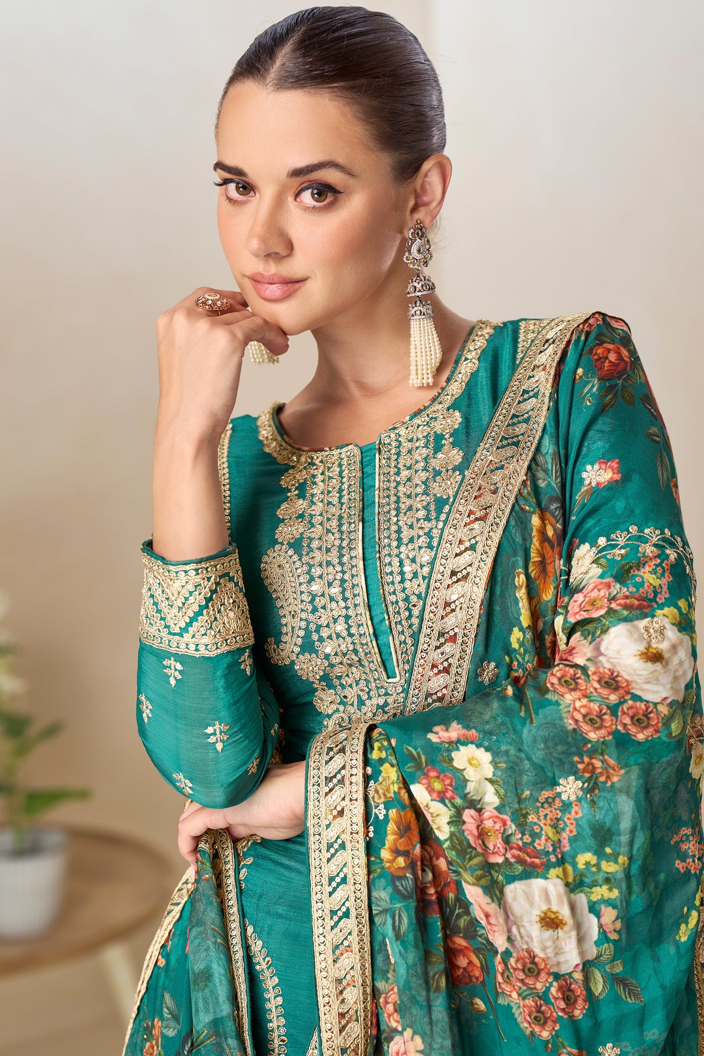 Green Readymade Heavy Work Chinon Suit-SS756_4_SareeButa.com