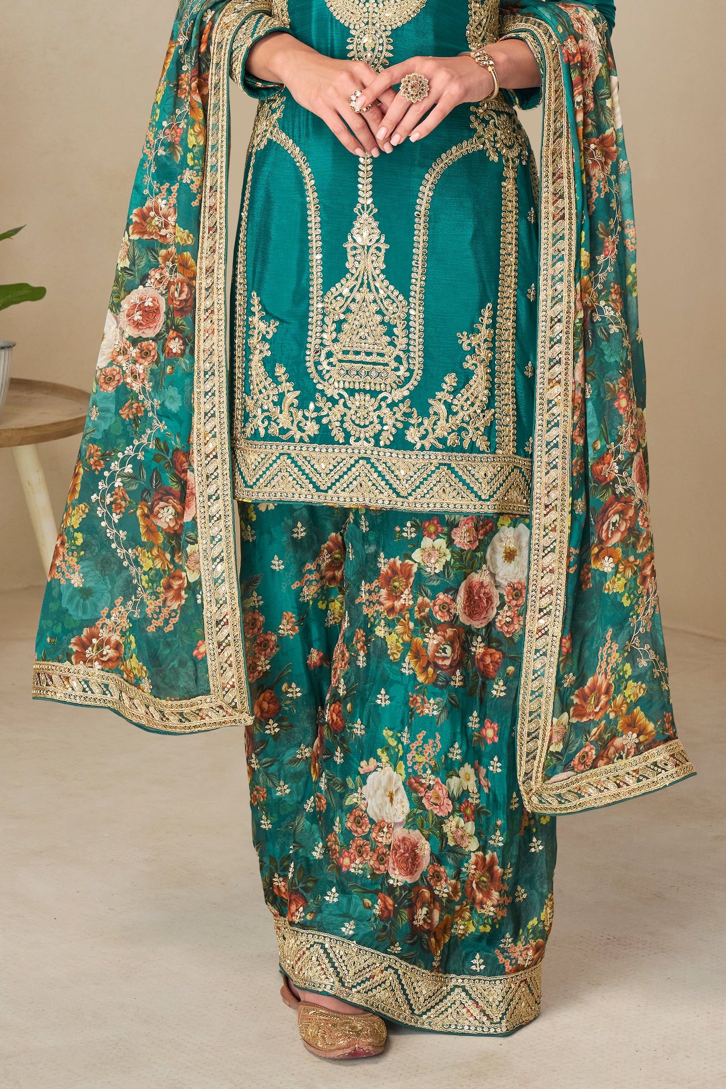 Green Readymade Heavy Work Chinon Suit-SS756_5_SareeButa.com