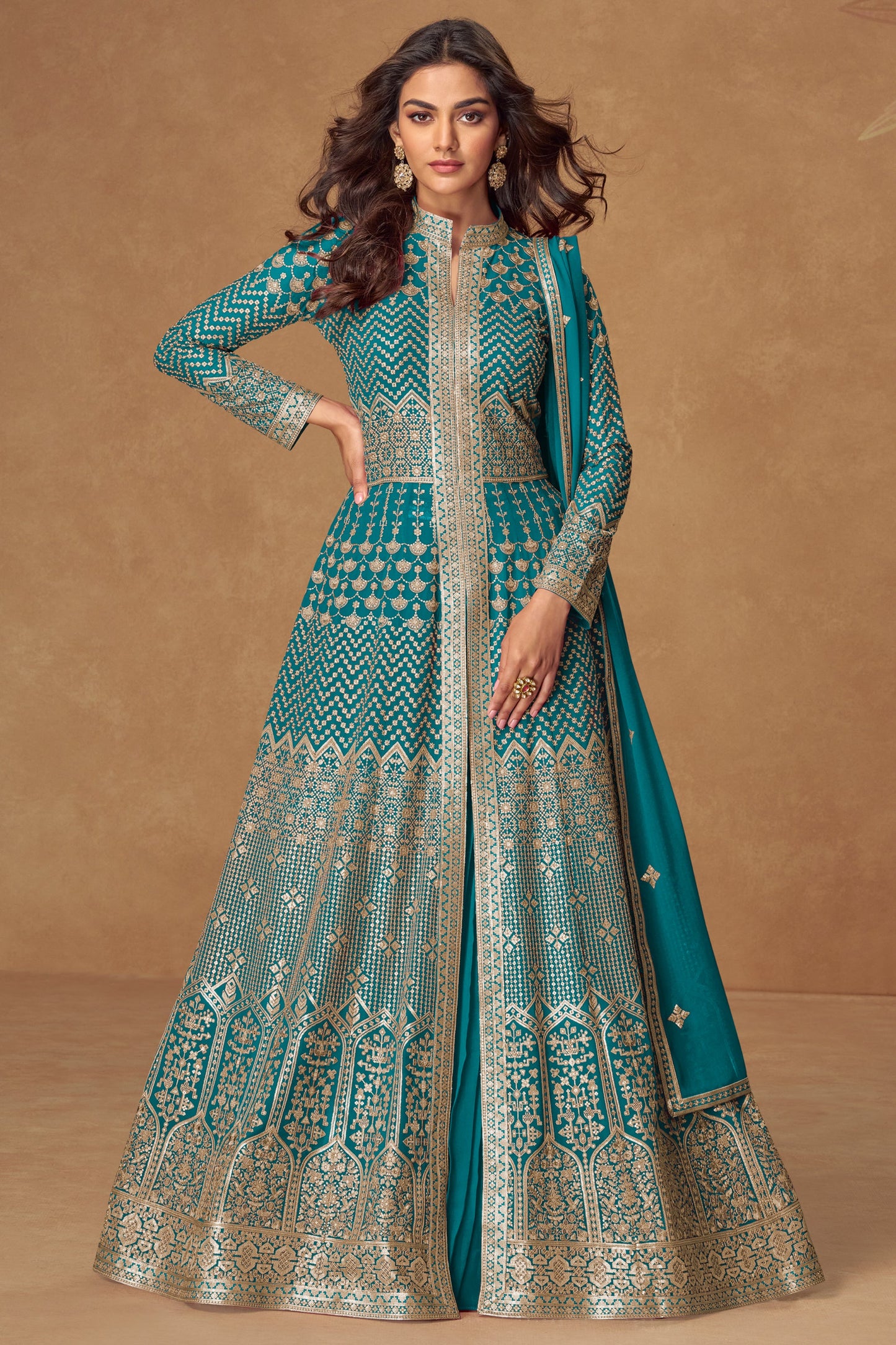 Blue Green Readymade Heavy Work Georgette Skirt Suit-SS760_1_SareeButa.com
