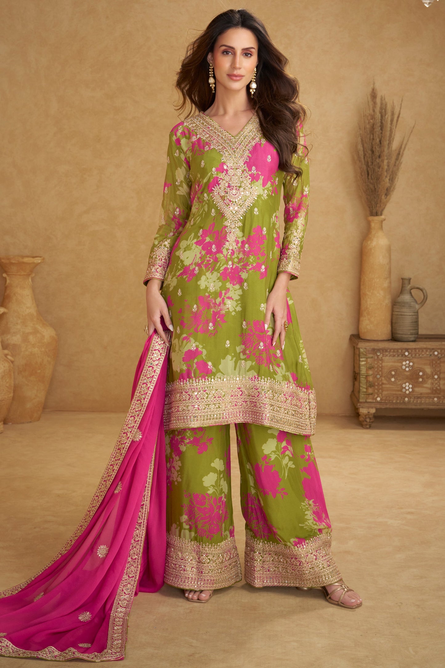 Green Readymade Heavy Work Printed Chinon Suit-SS785_1_SareeButa.com