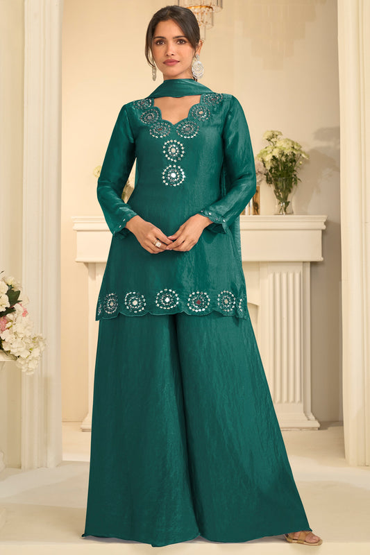Green Readymade Mirror Work Silk A-line Suit-SAR12165_1_SareeButa.com