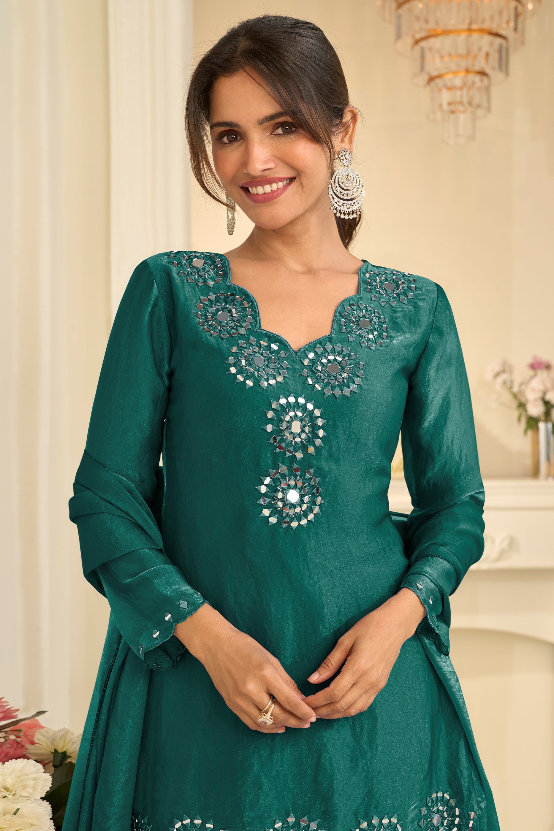 Green Readymade Mirror Work Silk A-line Suit-SAR12165_2_SareeButa.com