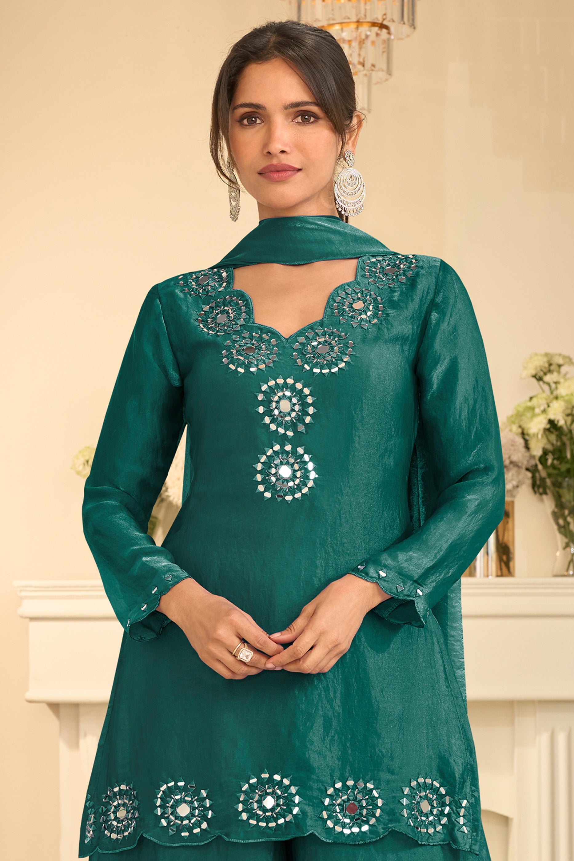 Green Readymade Mirror Work Silk A-line Suit-SAR12165_3_SareeButa.com