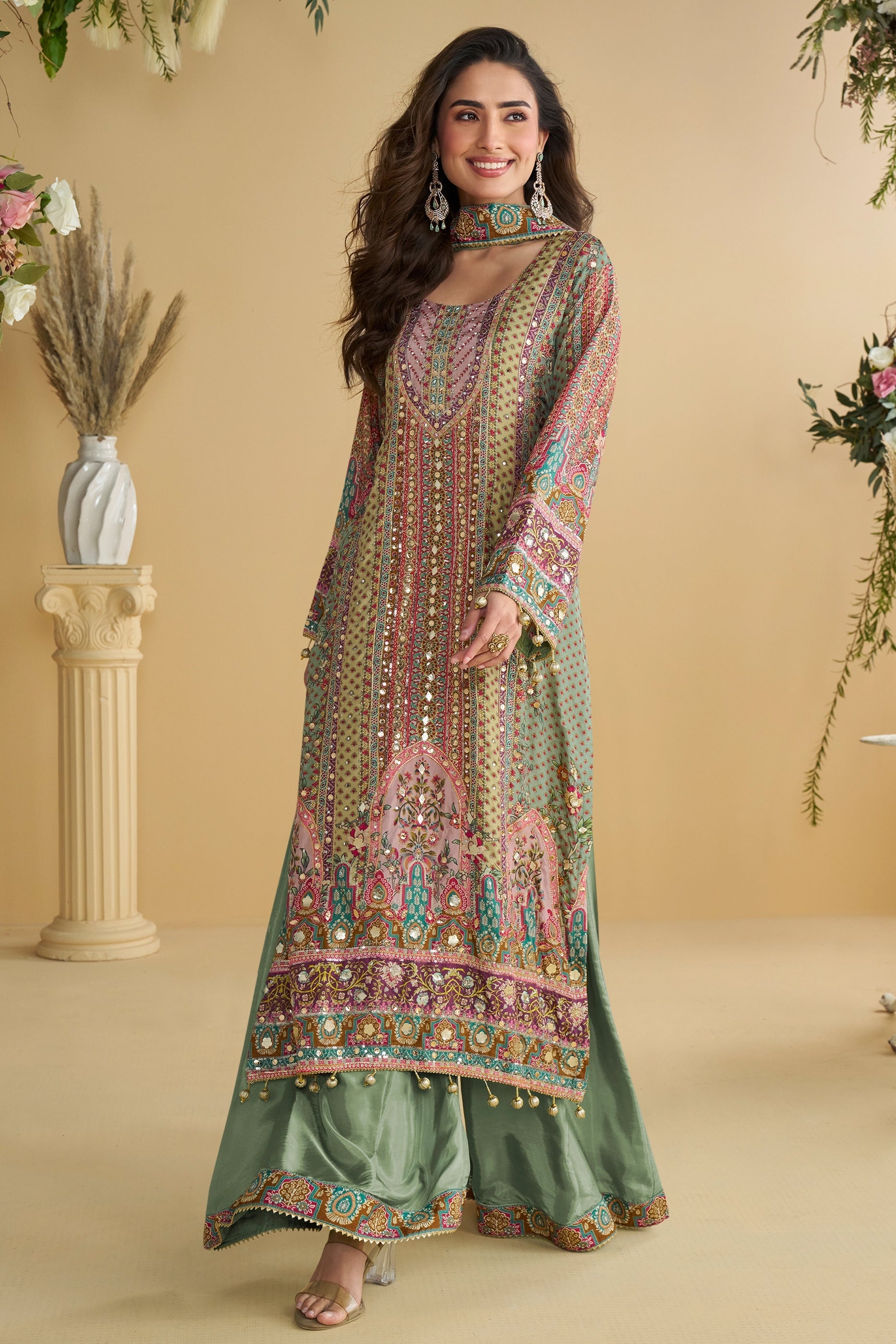Green Readymade Printed Crepe Palazzo Suit-SAR11067_1_SareeButa.com