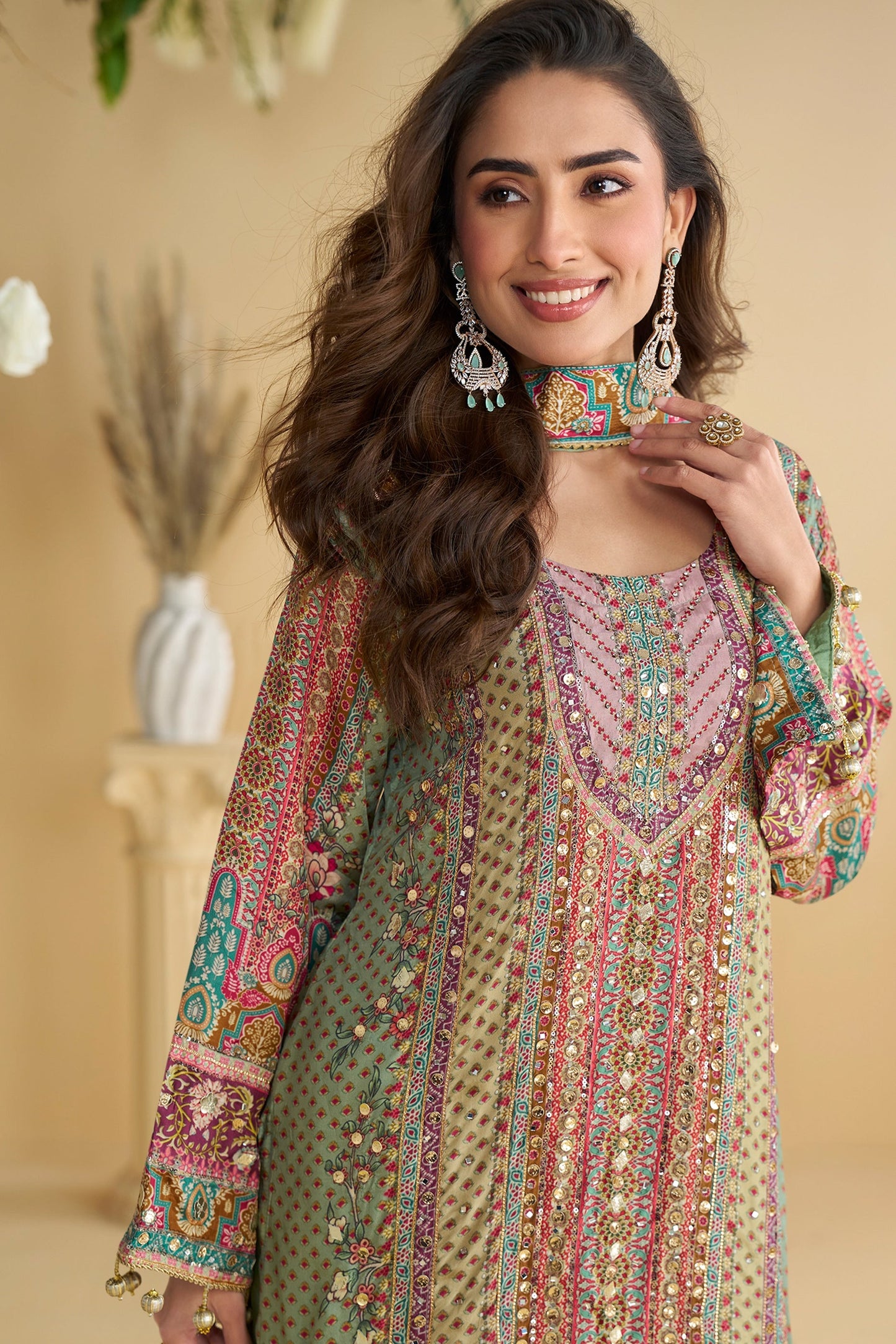 Green Readymade Printed Crepe Palazzo Suit-SAR11067_3_SareeButa.com