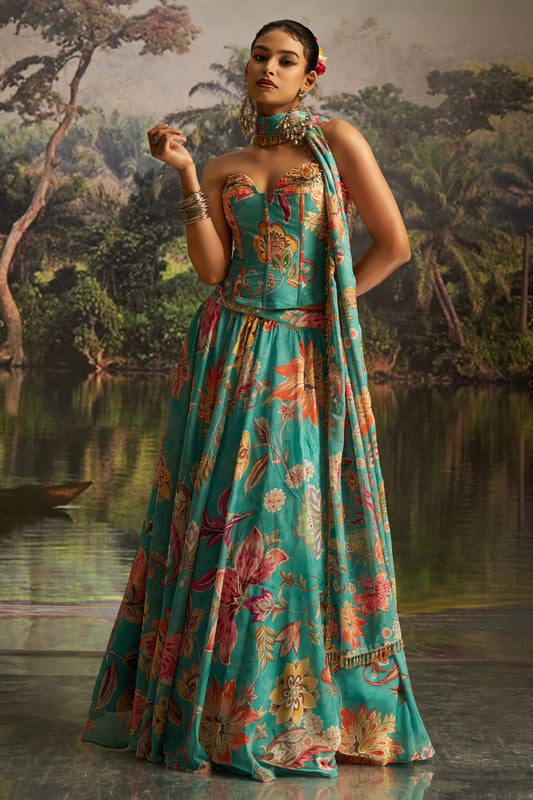 Green Readymade Printed Georgette Lehenga