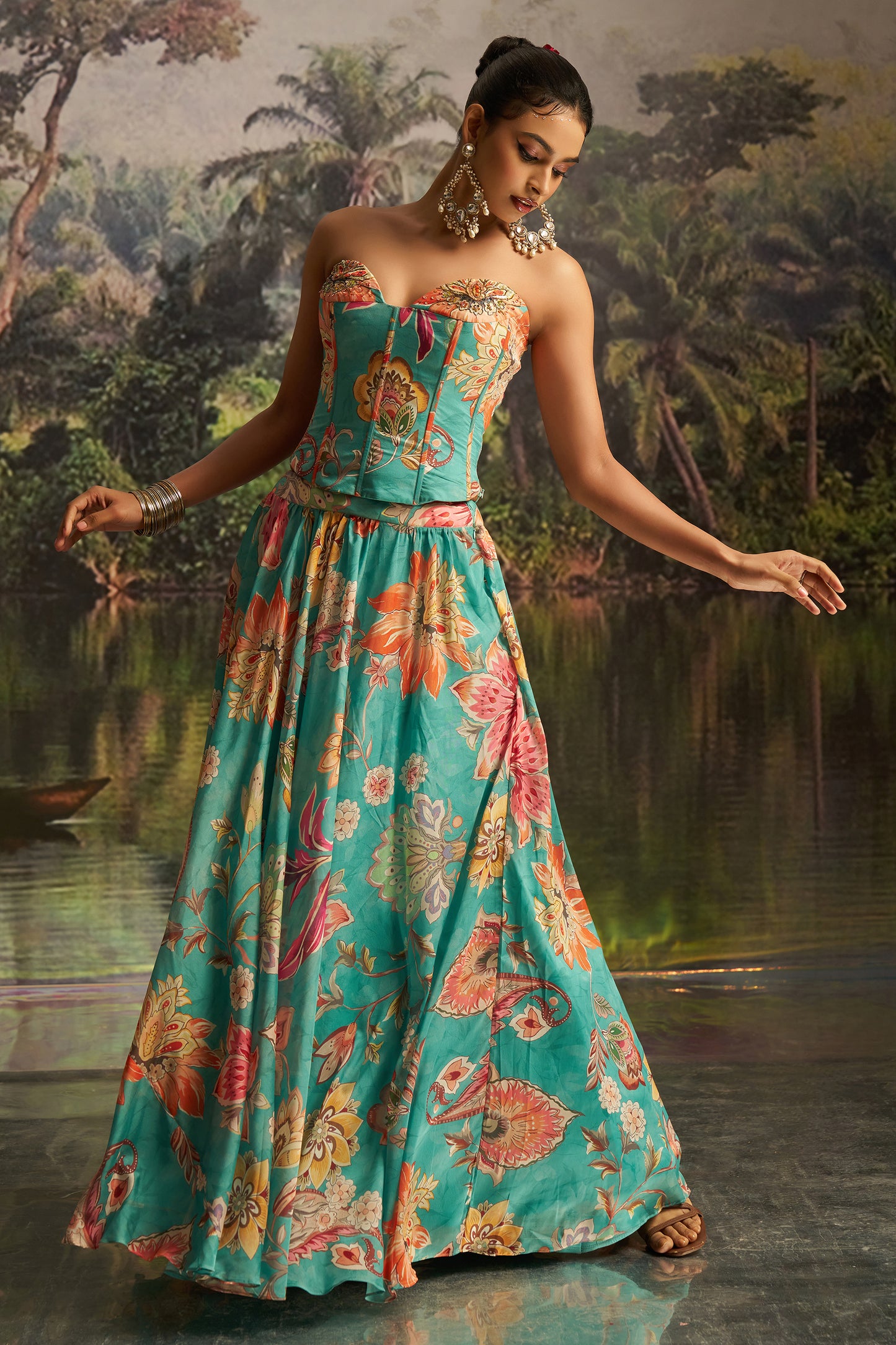 Green Readymade Printed Georgette Lehenga