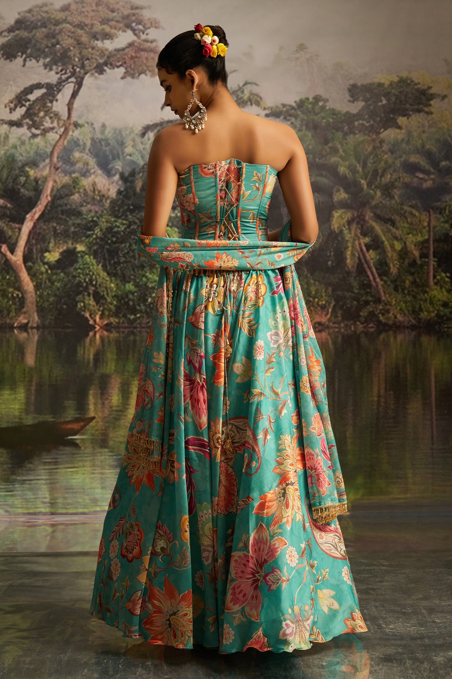 Green Readymade Printed Georgette Lehenga